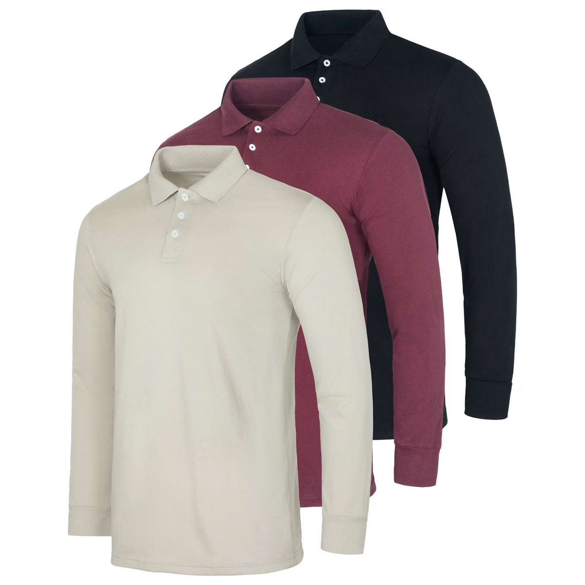 Men's Cotton Jersey Long-Sleeve Polo Shirt (3-Pack) - Oatmeal/Burgundy/Black- Small