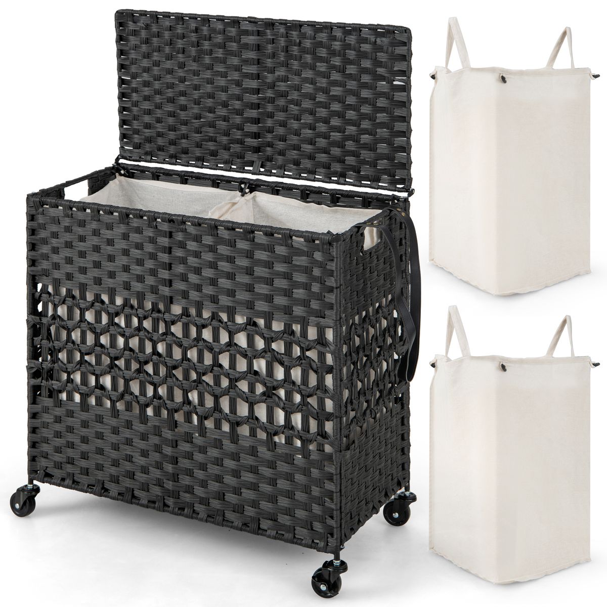 110L 2-Section Laundry Hamper with 2 Removable & Washable Liner Bags - Clothes Basket Black