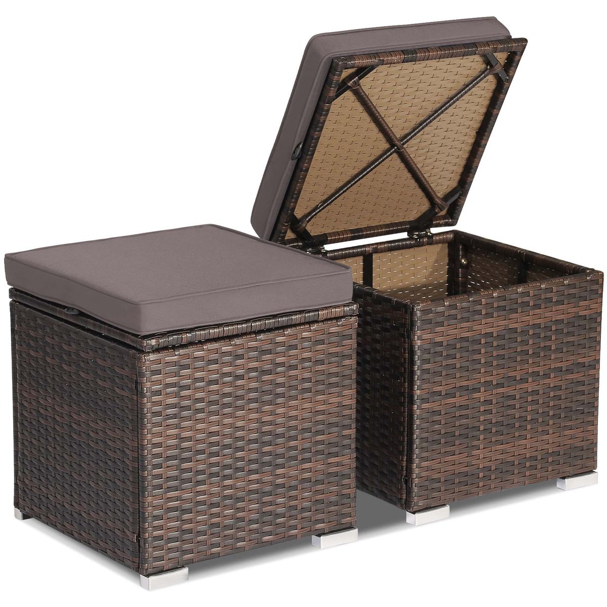 Patio Rattan Ottomans with Hidden Storage Space (Set of 2) - 2PCS Patio Ottomans Black + Gray