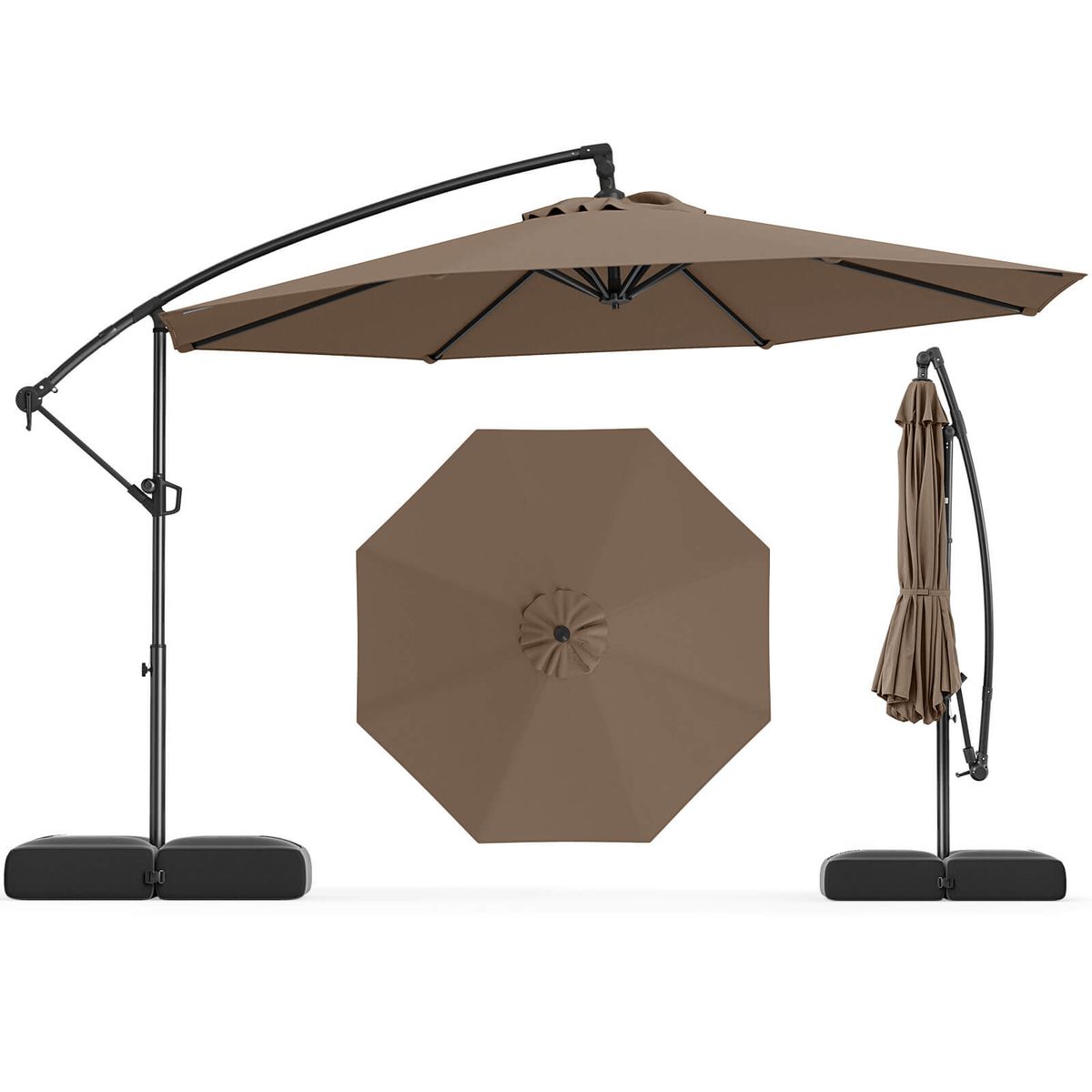 10-foot Offset Hanging Umbrella with Base (With or Without Lights) - Hanging Umbrella-Brown, No Lights