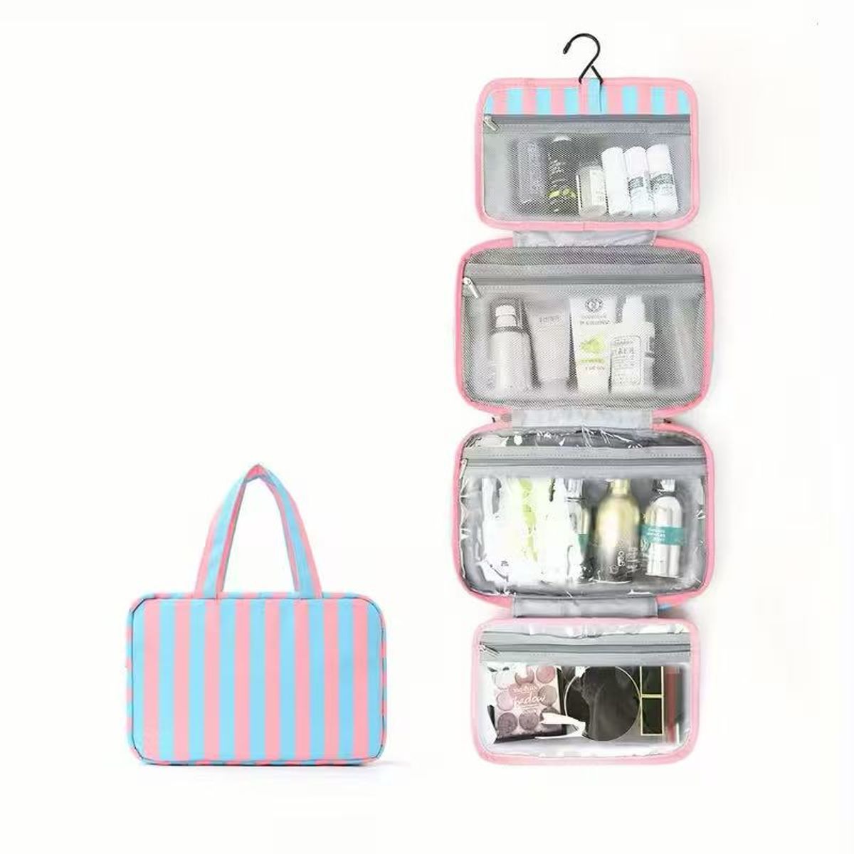 Hanging Travel Toiletry Bag  - Light Blue and Pink Striped