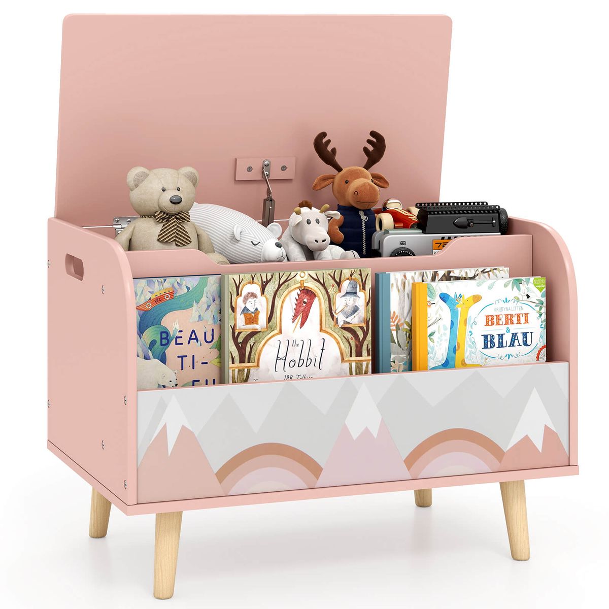 Kids Wooden Toy Box with Bookcase - Pink