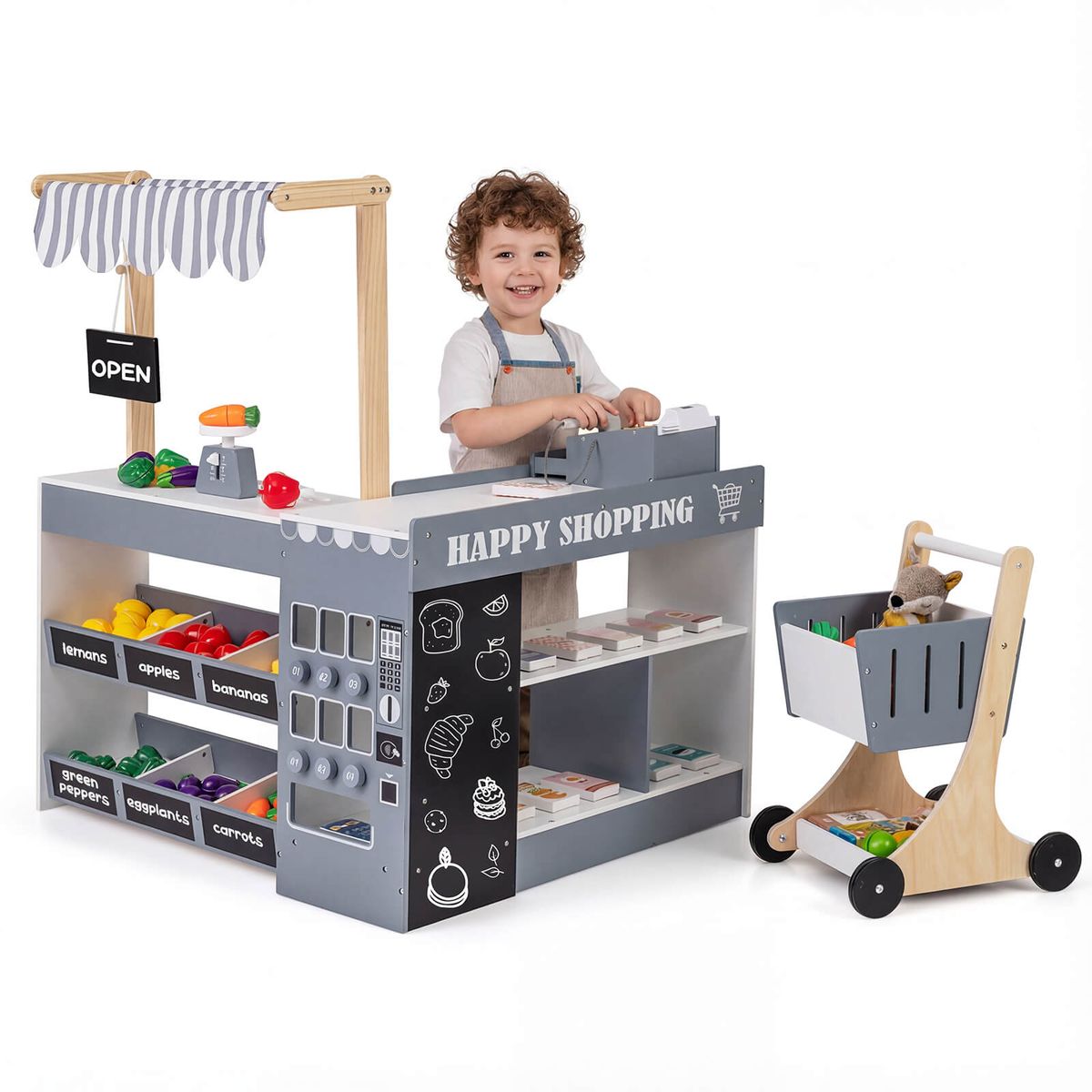 Kids Grocery Store Playset with Play Food and Cart - Gray + White