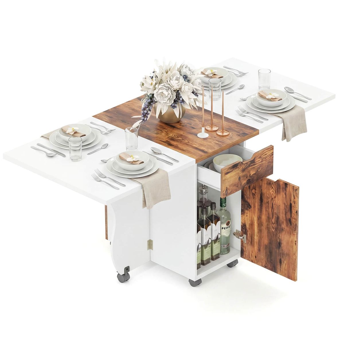 Foldable Rolling Dining Table with Drawers and Cabinets - White + Rustic