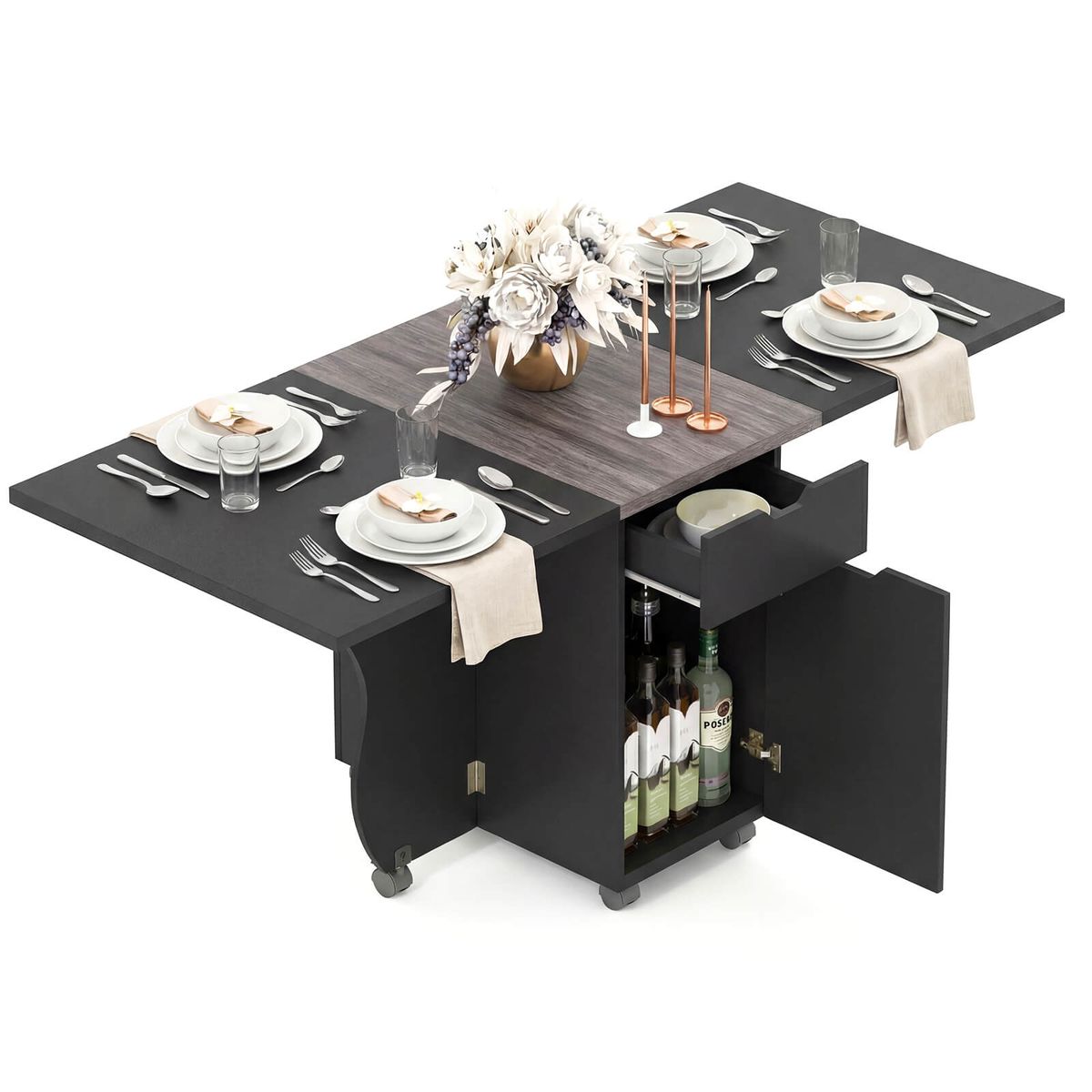 Foldable Rolling Dining Table with Drawers and Cabinets - Black + Gray