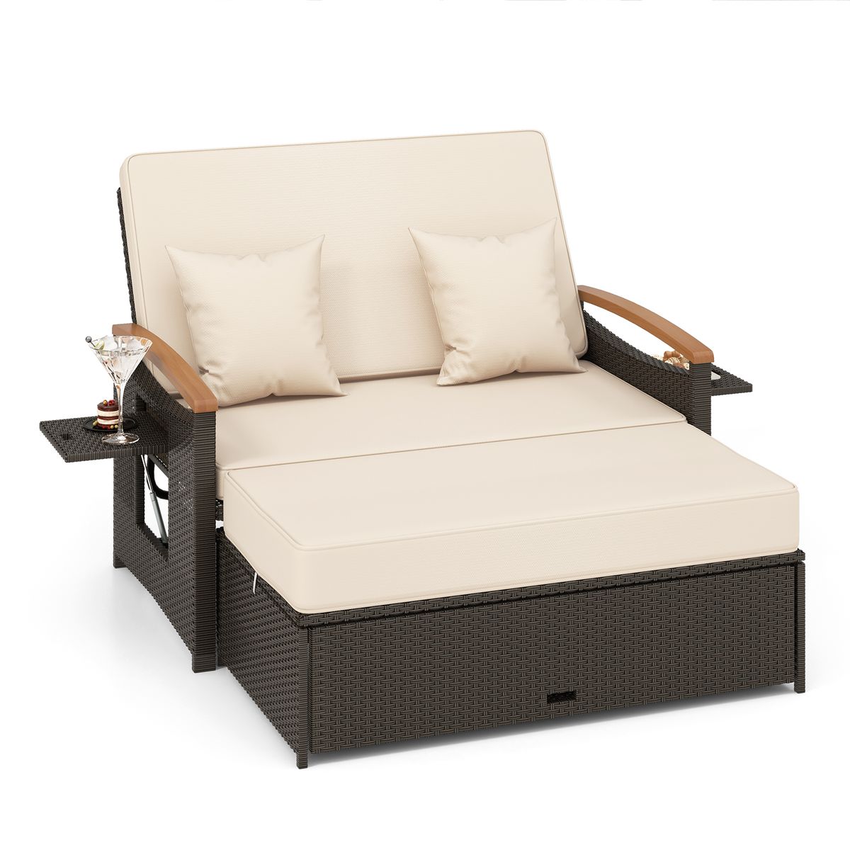 Patio Rattan Daybed Set with 4-Level Adjustment - Beige + Mix Brown