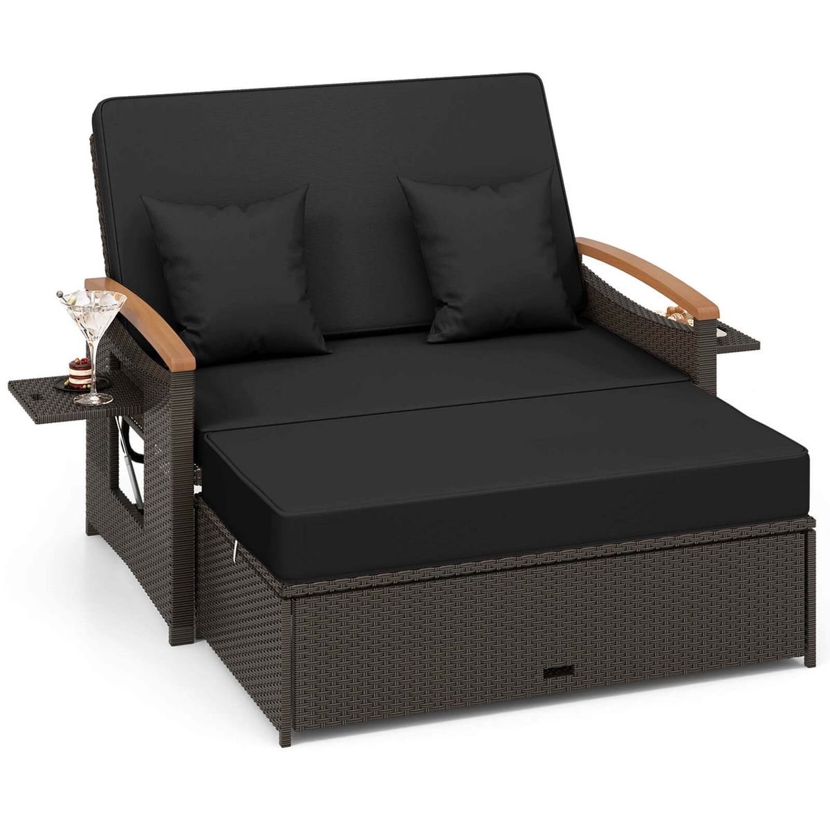 Patio Rattan Daybed Set with 4-Level Adjustment - Black + Mix Brown