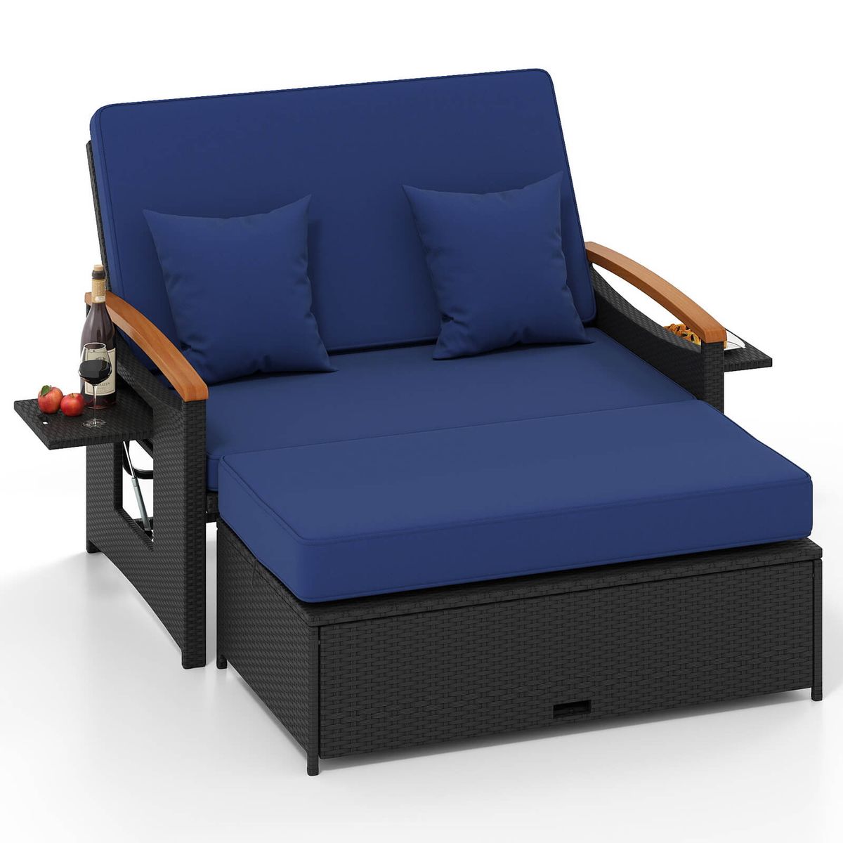 Patio Rattan Daybed Set with 4-Level Adjustment - Navy + Black