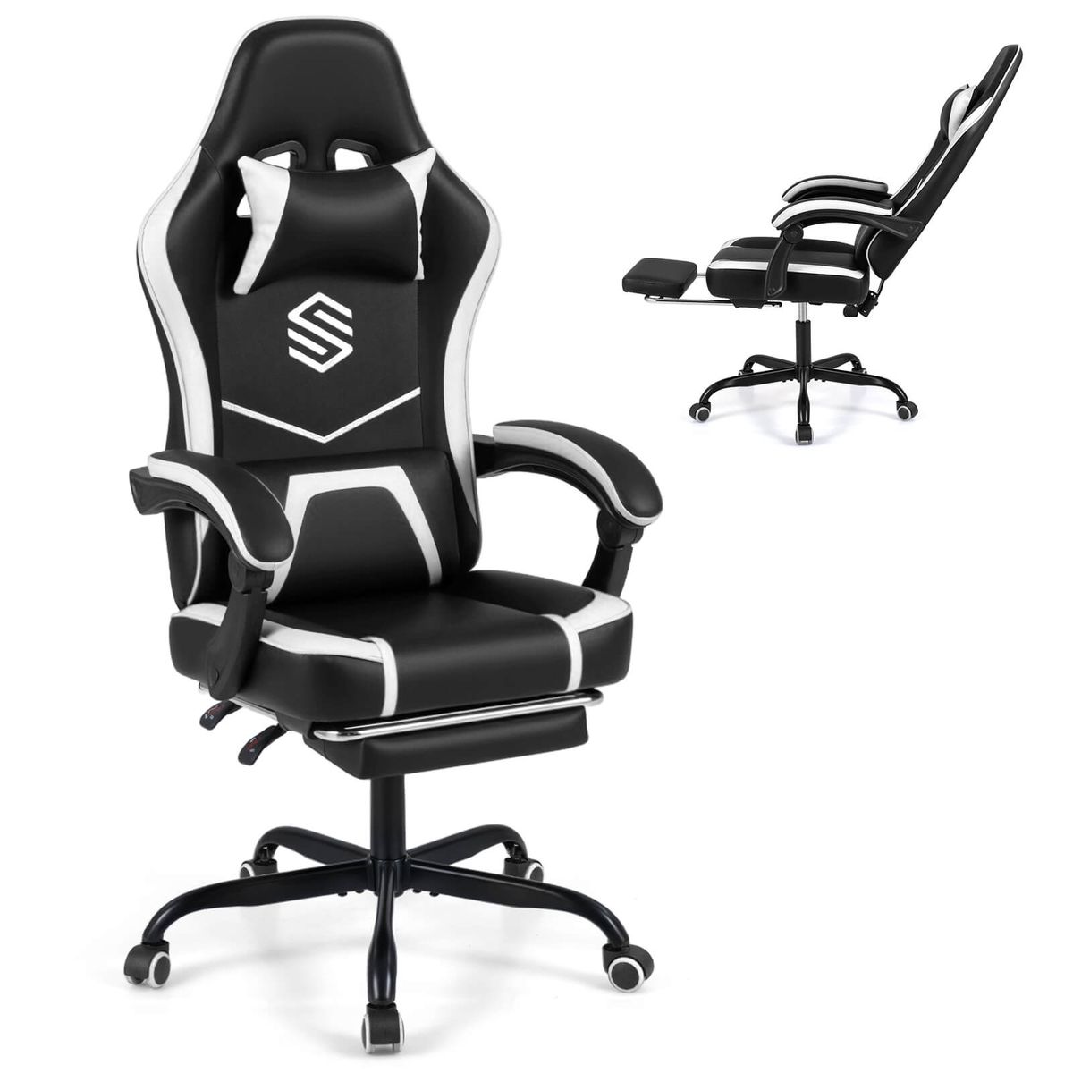 Rolling Gaming Chair with Heavy-Duty 5-Claw Metal Base  - Black & White