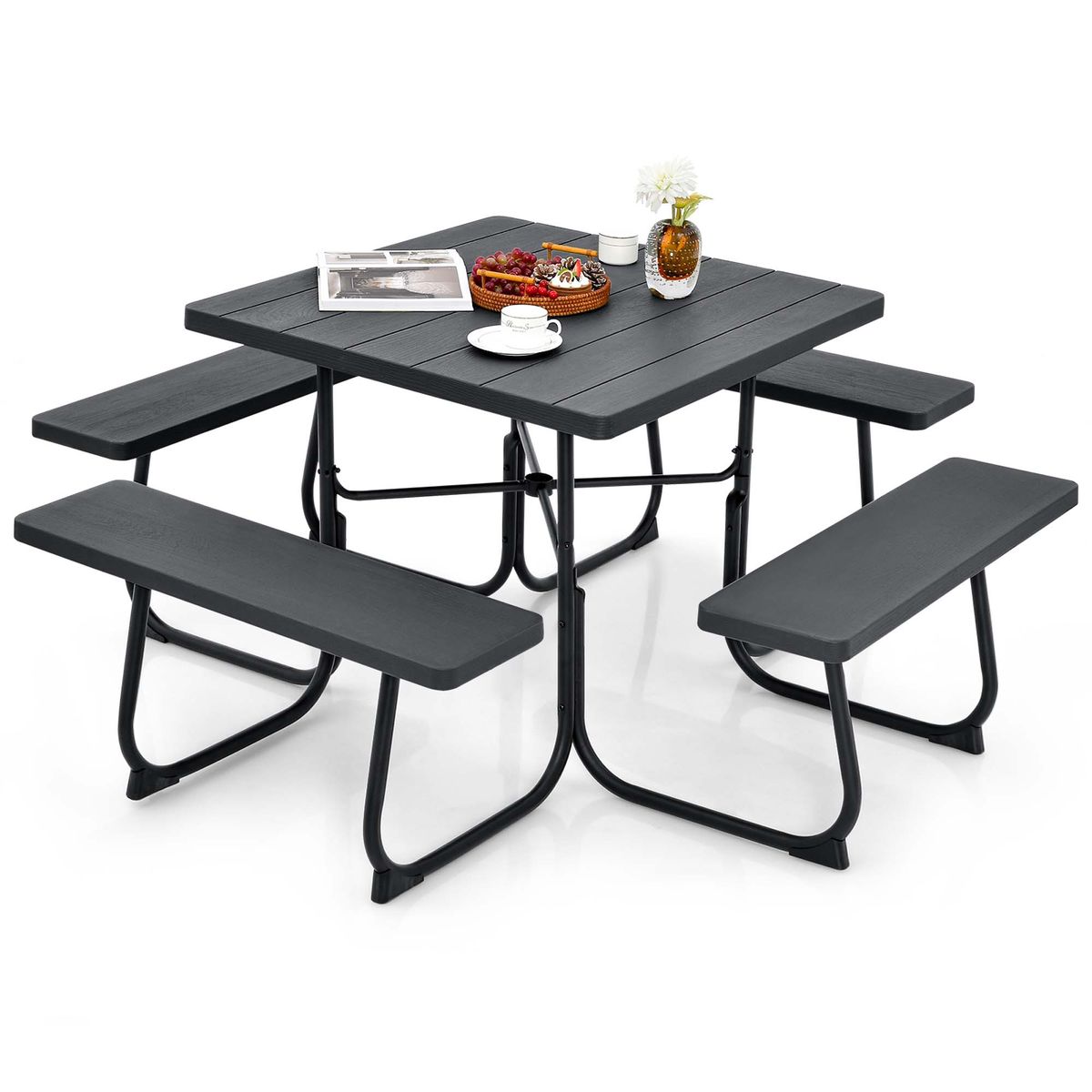 Outdoor Square Picnic Table and Bench Set - Black