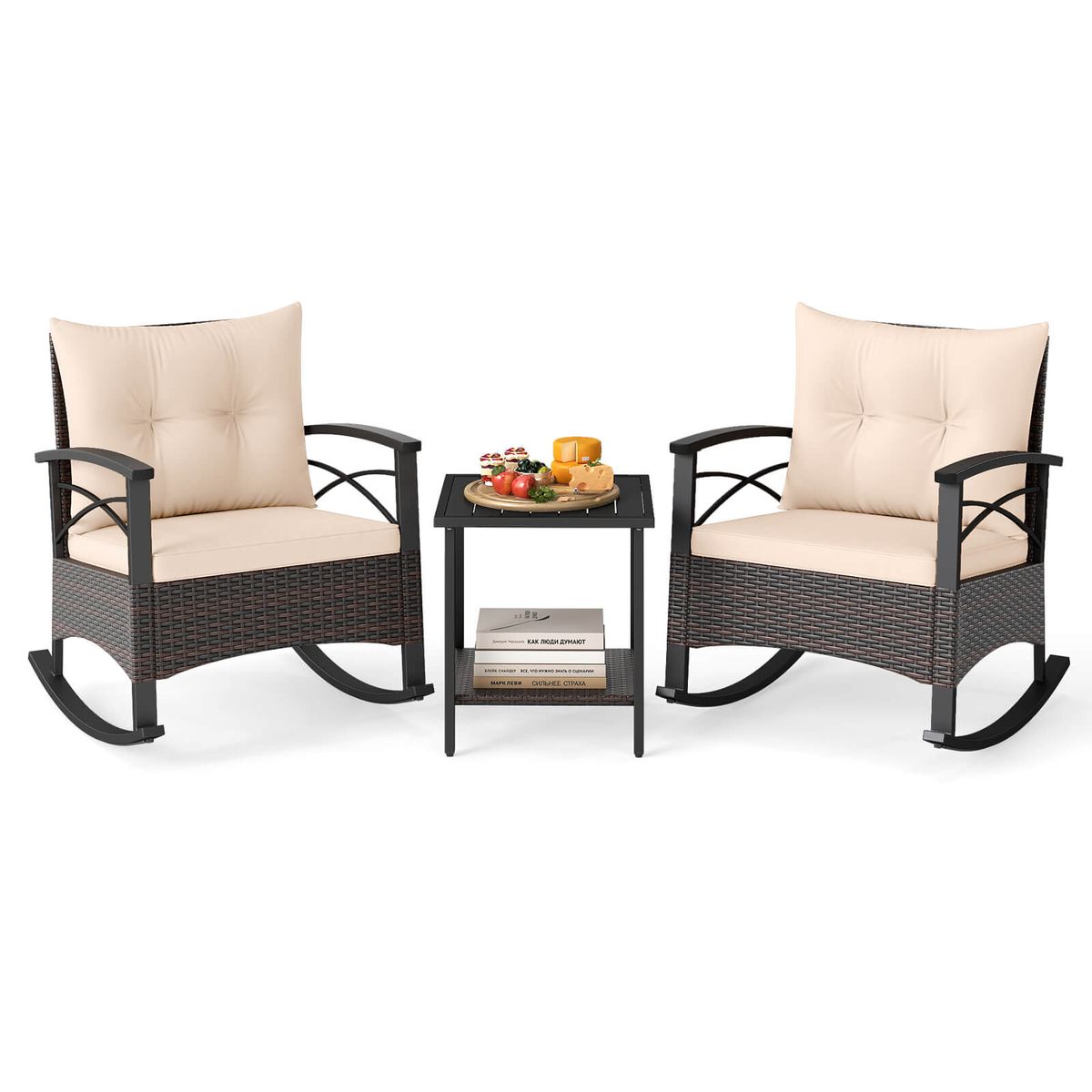 3-Piece Rattan Rocking Chair Set with 2-Tier Side Table - Mix Brown + Beige