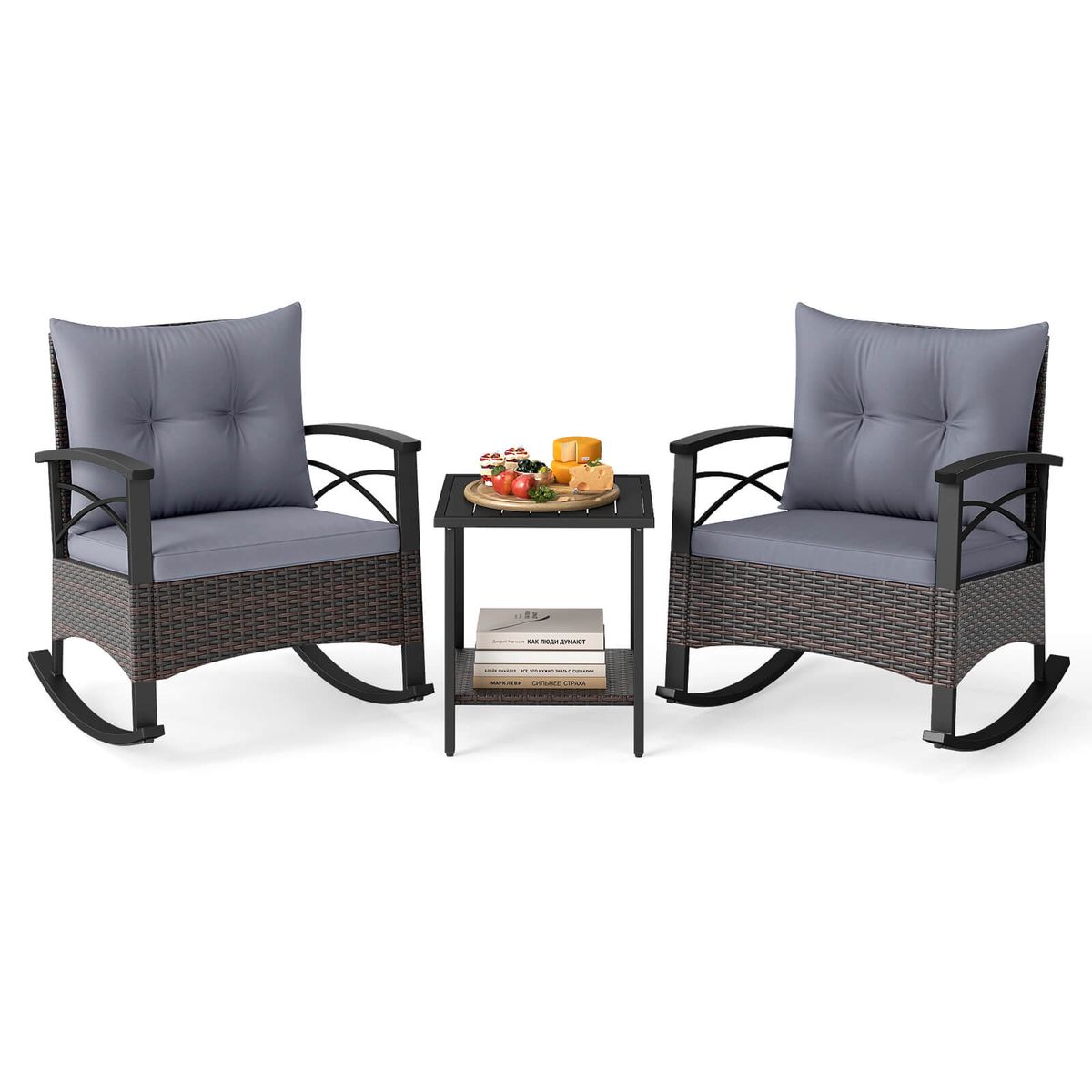 3-Piece Rattan Rocking Chair Set with 2-Tier Side Table - Mix Brown + Gray