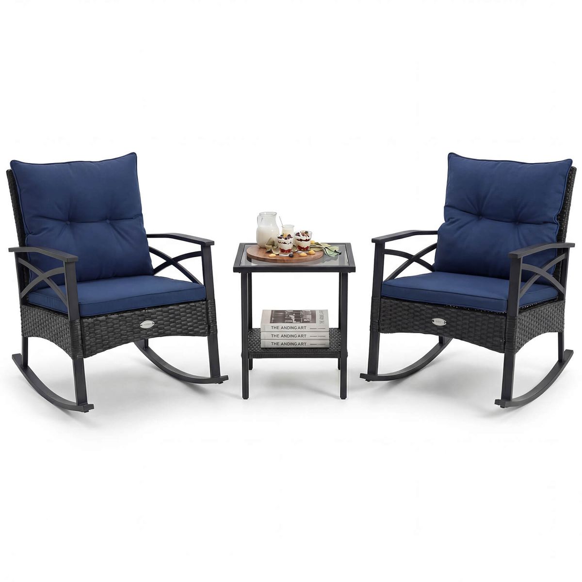 3-Piece Rattan Rocking Chair Set with 2-Tier Side Table - Black + Navy