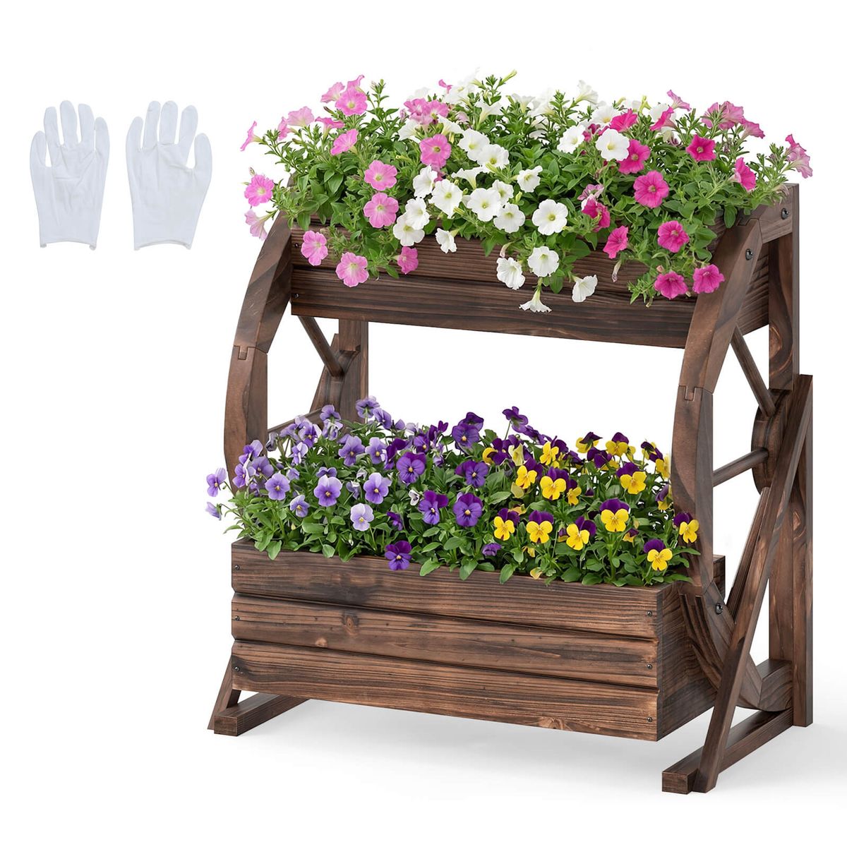 2-Tier Rustic Wood Wagon Planter with Drainage Hole - 22” Planter-1-Piece