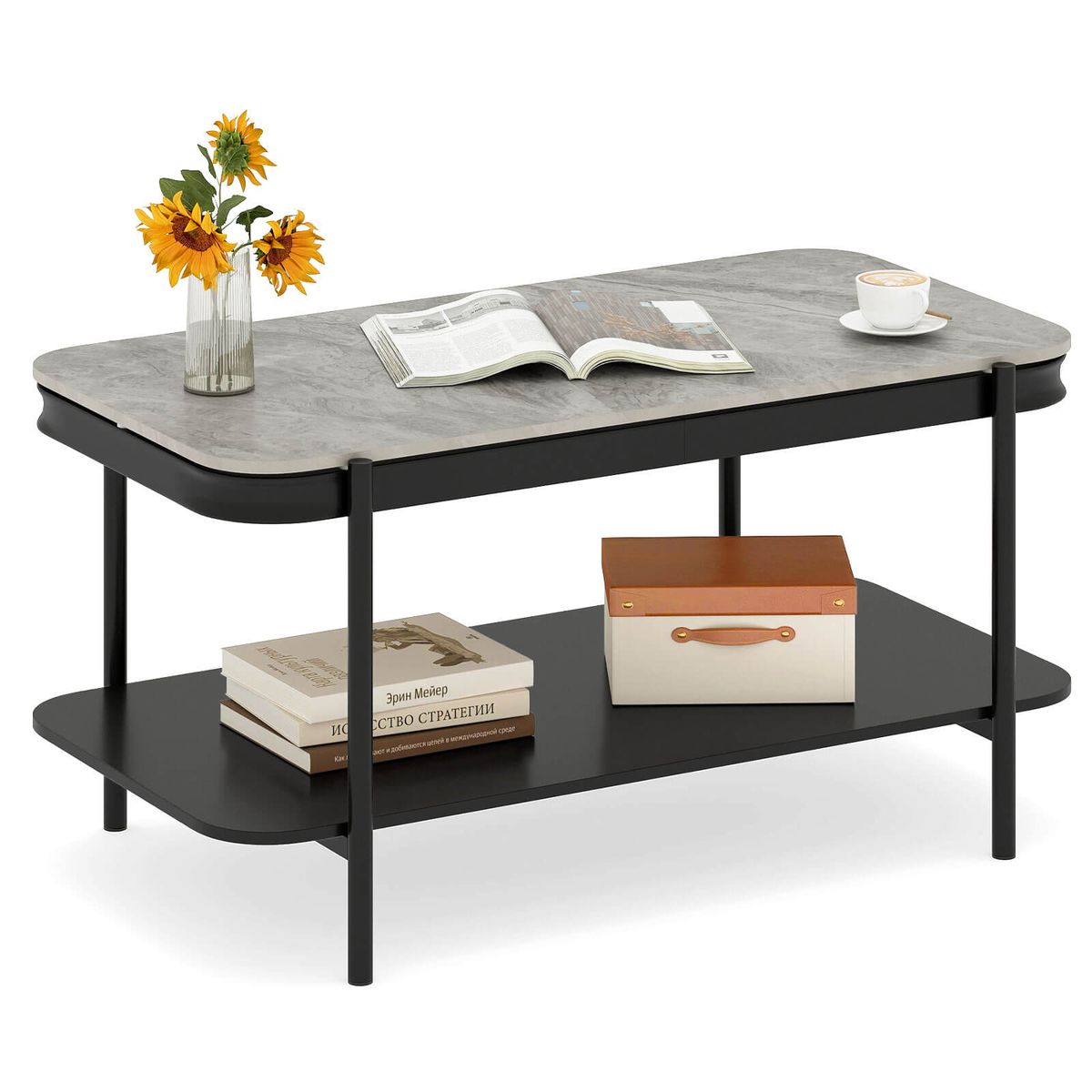 2-Tier Center Table with Shelves - Gray + Black