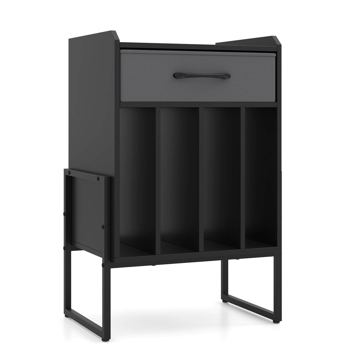 Record Player Turntable Stand with 4 Vinyl Compartments - Black & Gray