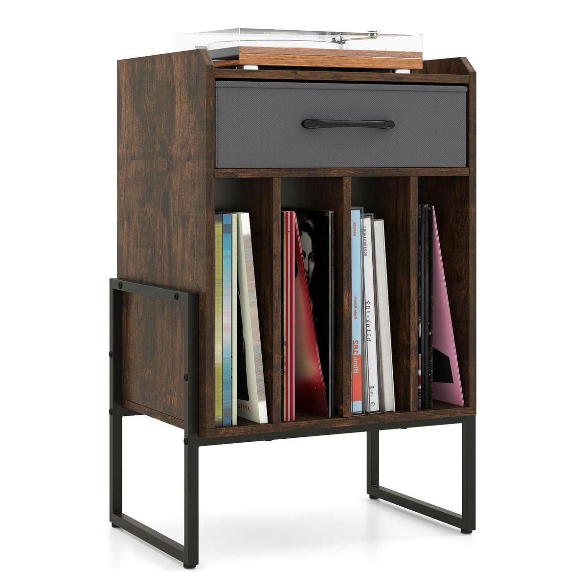 Record Player Turntable Stand with 4 Vinyl Compartments - Brown & Gray