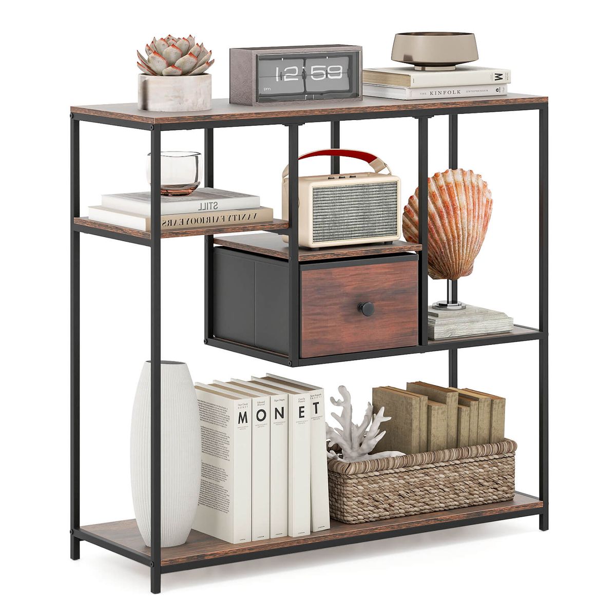 40" Console Table with Drawer and 4-Tier Shelf - Black