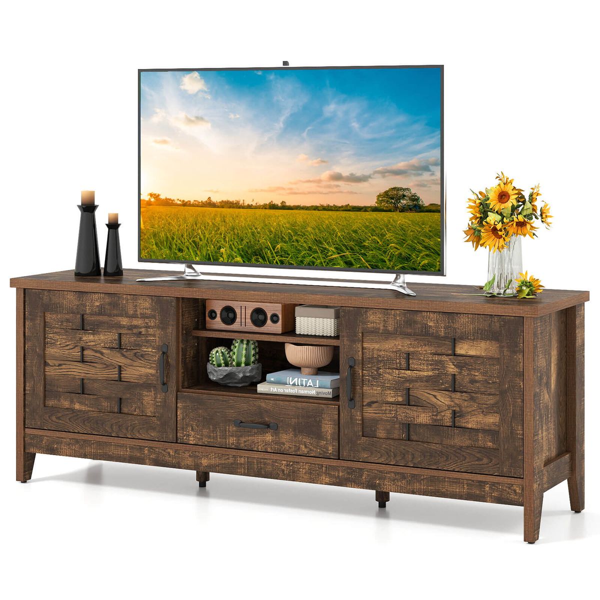 TV Stand with 2 Woven Accent Doors - Brown