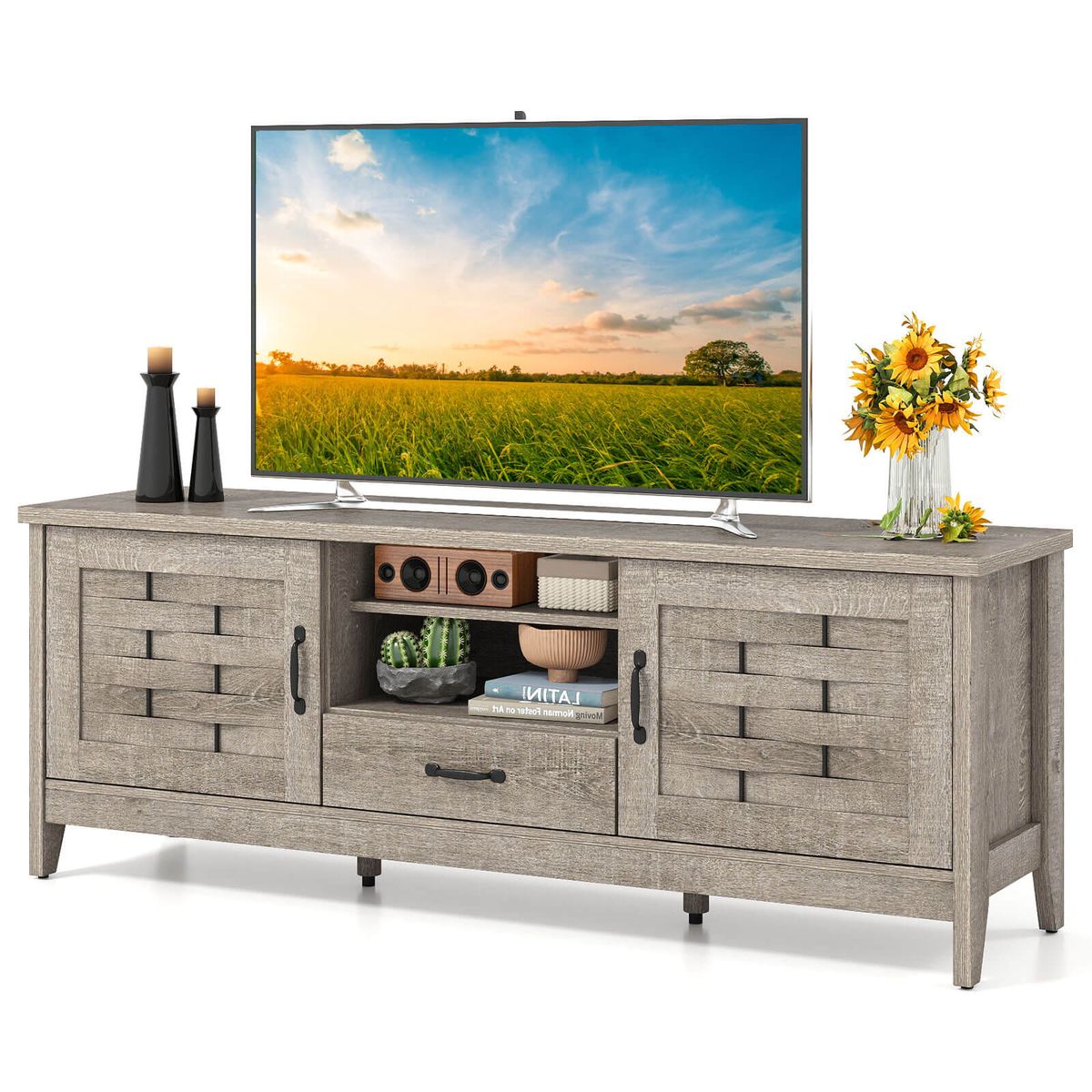 TV Stand with 2 Woven Accent Doors  - Oak