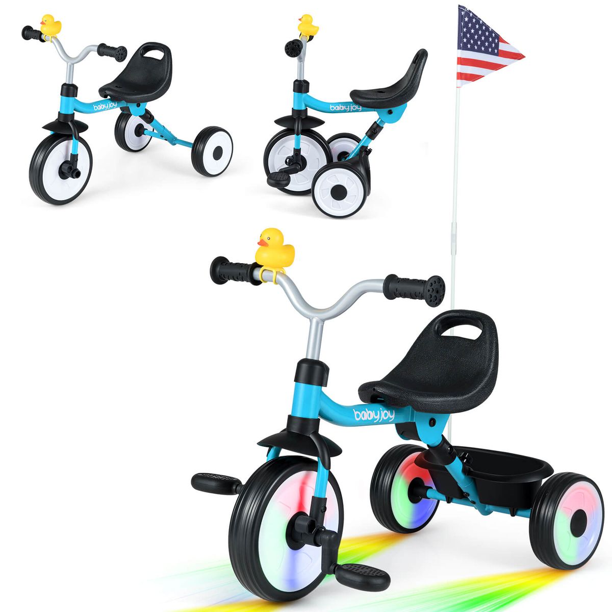 3-in-1 Kids Tricycle with Lighted Wheels and Basket - Blue