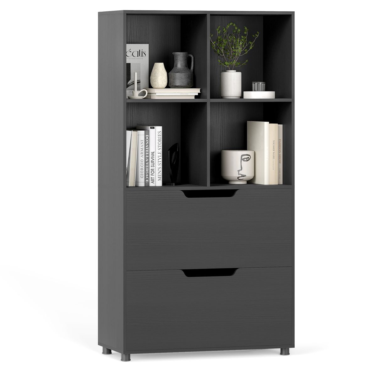 51” 5-Tier 4-Cube Bookcase with 2 Drawers - Black