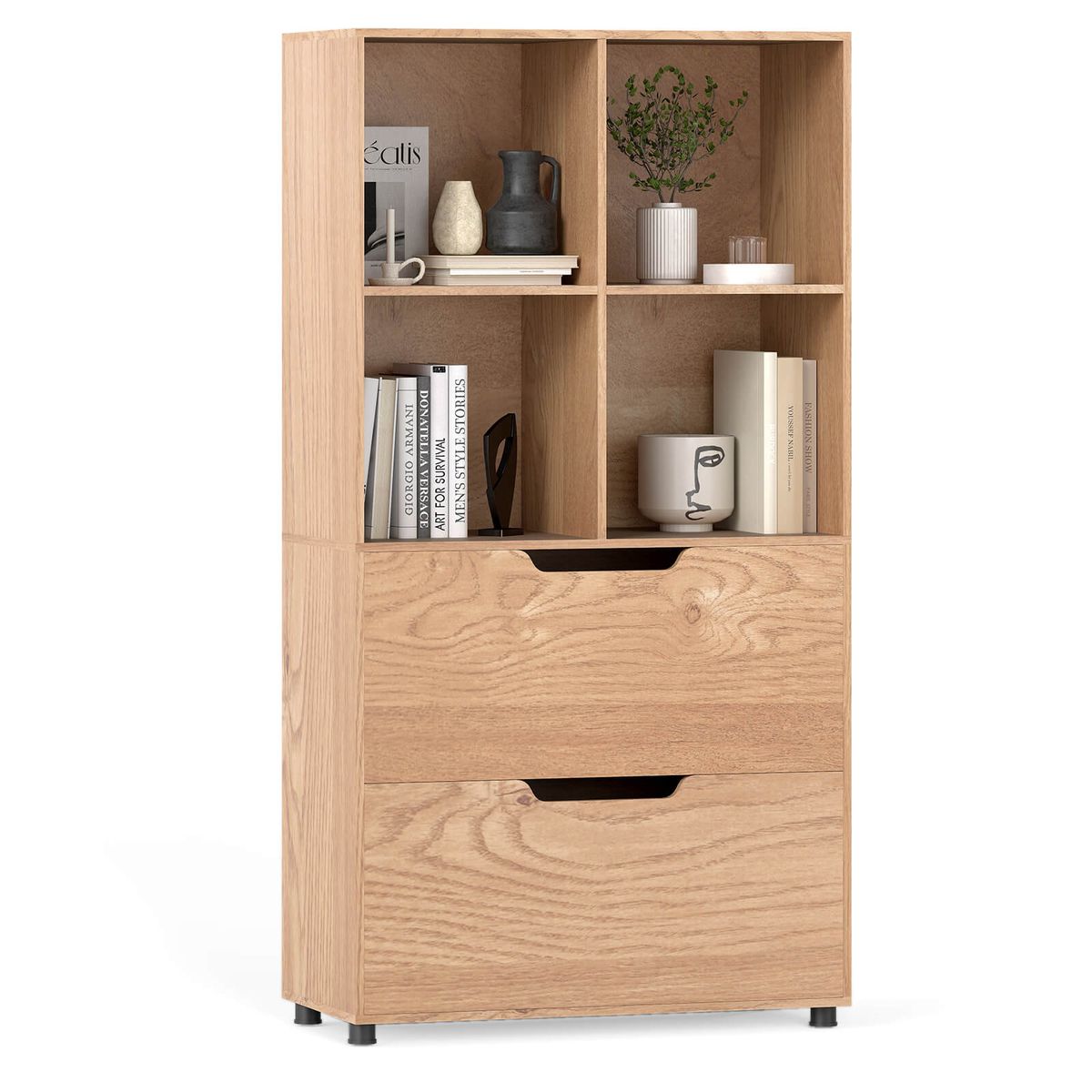 51&rdquo; 5-Tier 4-Cube Bookcase with 2 Drawers - Natural