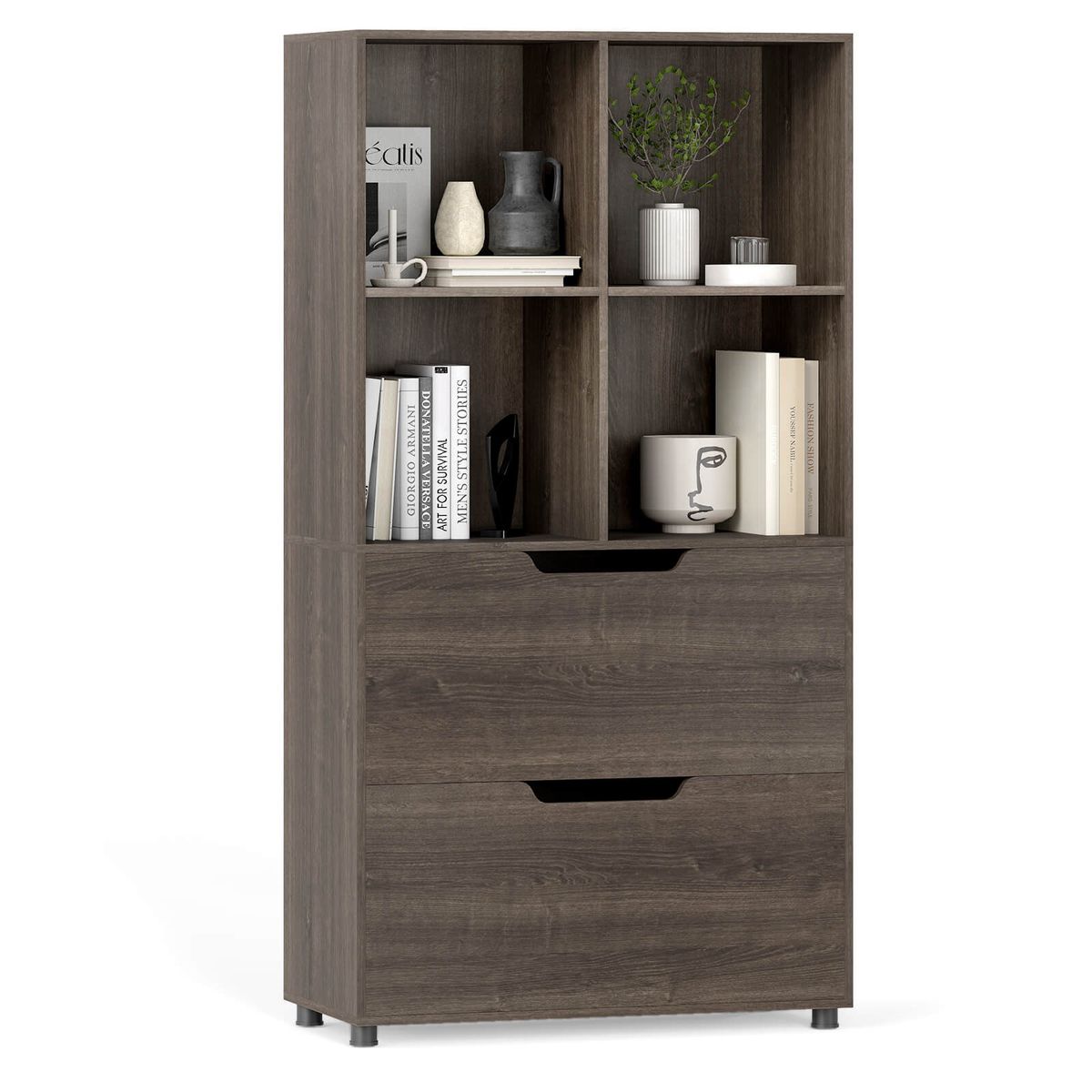 51&rdquo; 5-Tier 4-Cube Bookcase with 2 Drawers - Gray