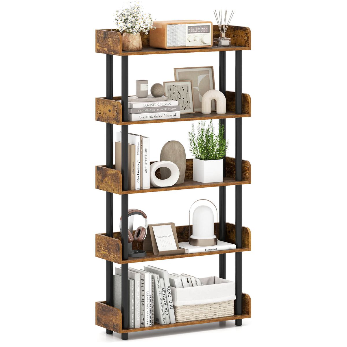 5-Tier Bookshelf with Anti-Failing Guardrails - Brown & Black-1-Piece