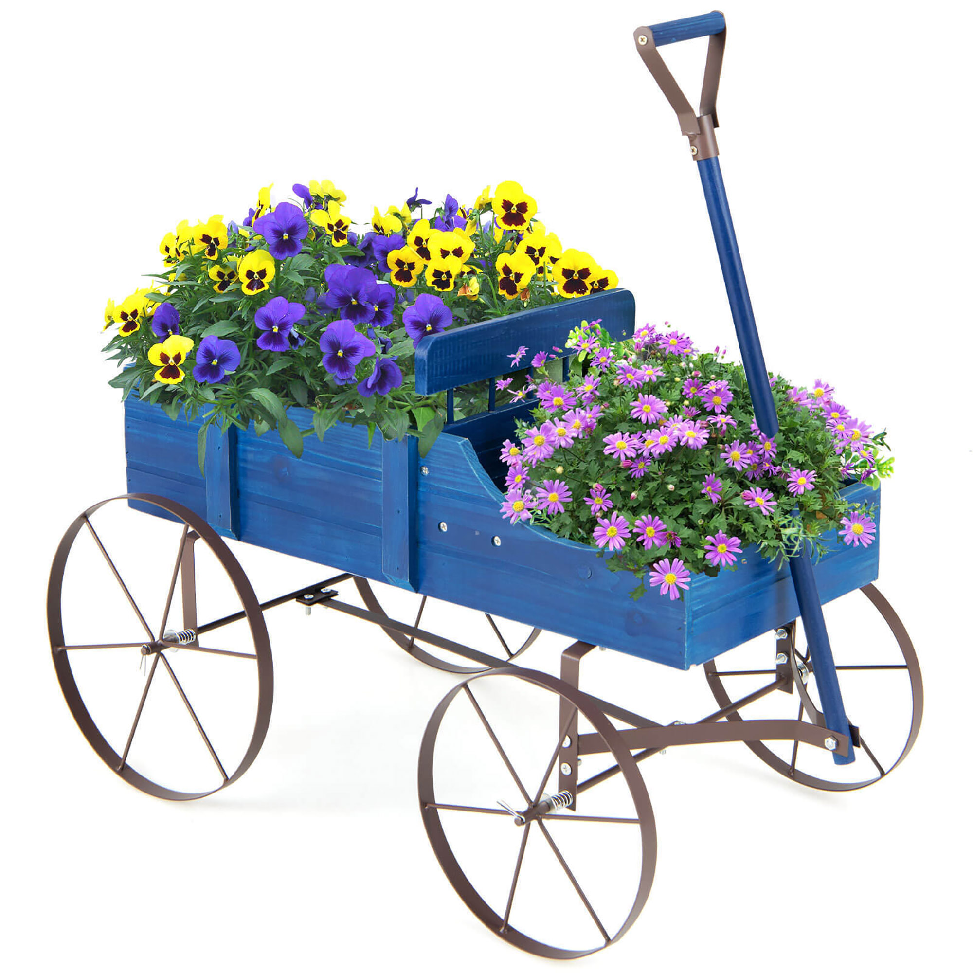 Wooden Wagon Garden Planter with Wheels - Garden Plant Planter-Blue