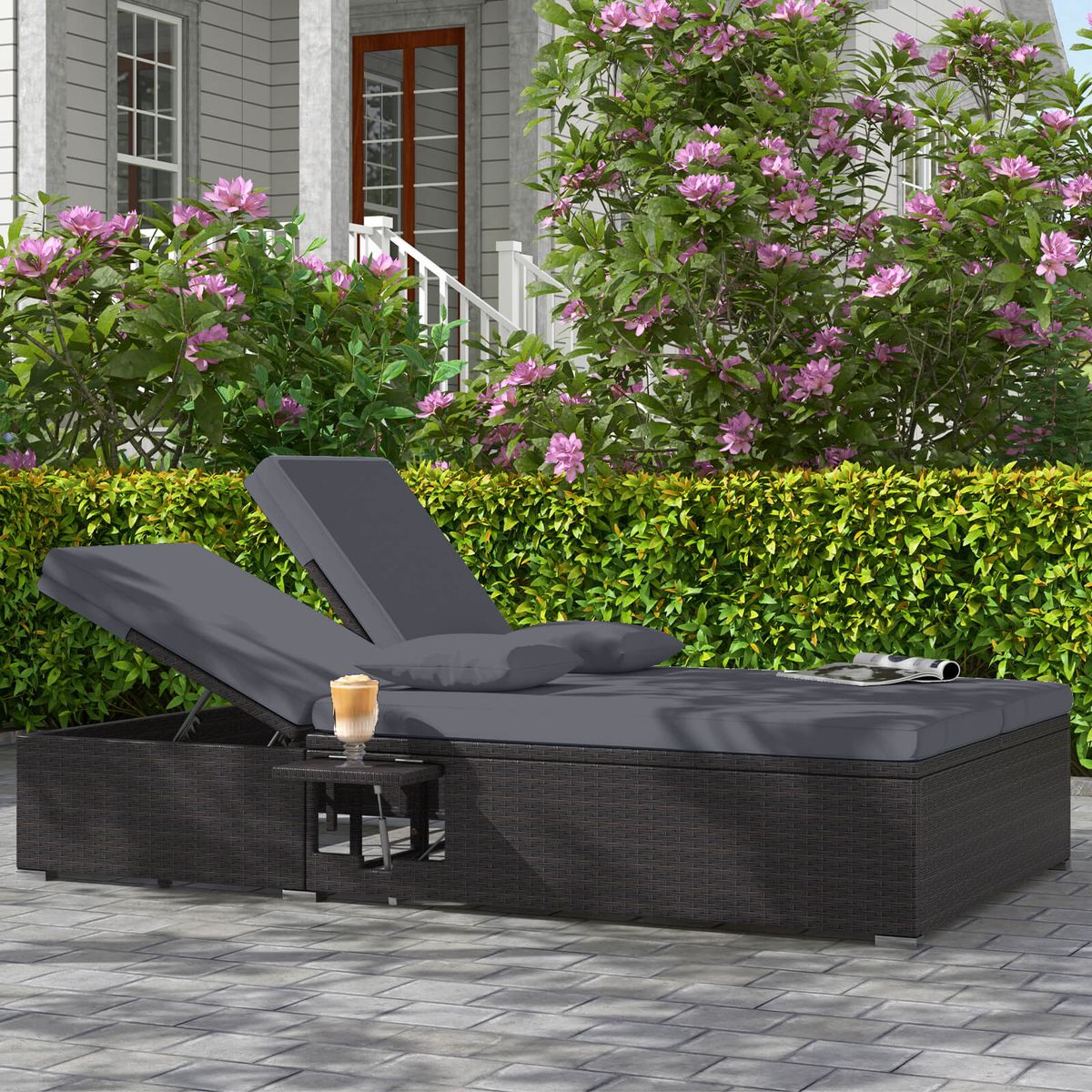 Outdoor Patio Daybed with 6-Level Adjustable Backrest - Gray