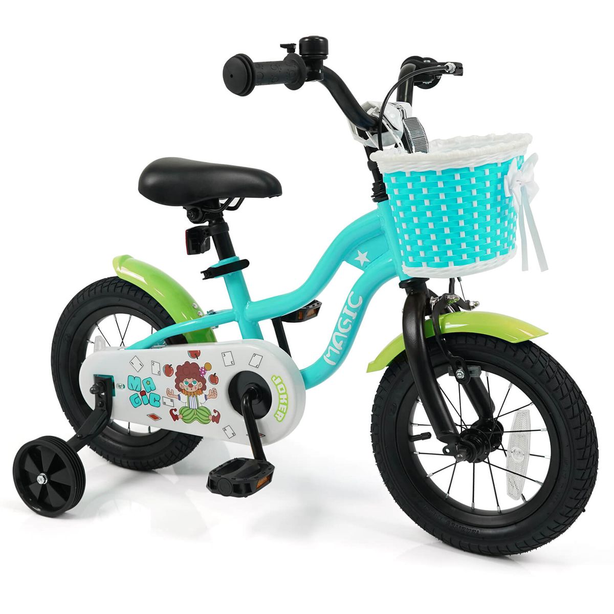 Children's Bike with Training Wheels and Adjustable Saddle - Green-12”