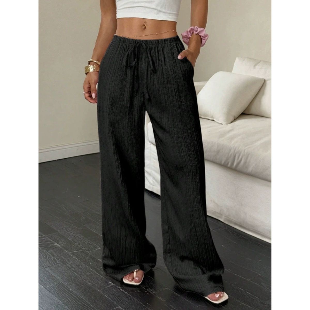 Women's Casual Low Waisted Linen Palazzo Pants - Black-M