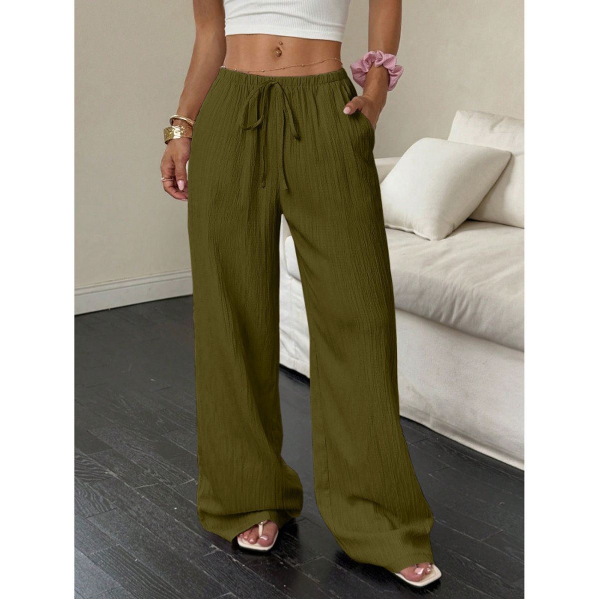 Women's Casual Low Waisted Linen Palazzo Pants - Army green-M