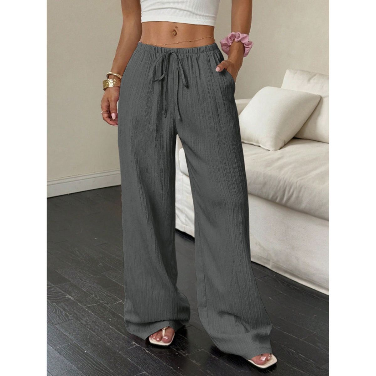 Women's Casual Low Waisted Linen Palazzo Pants - Dark gray-2XL