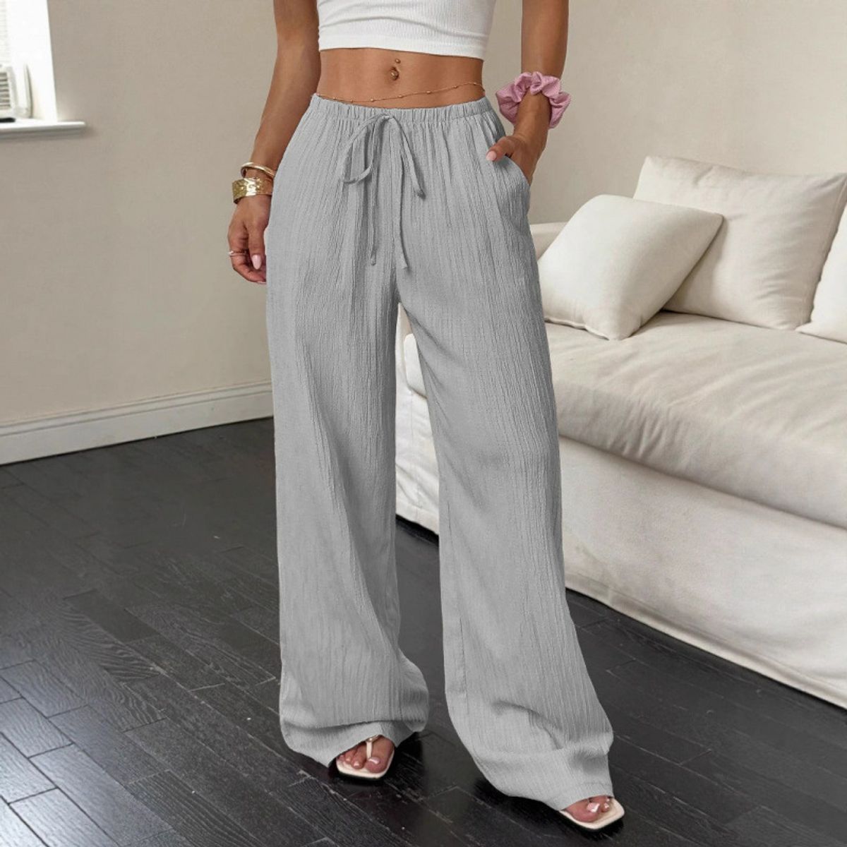 Women's Casual Low Waisted Linen Palazzo Pants - Light gray-2XL
