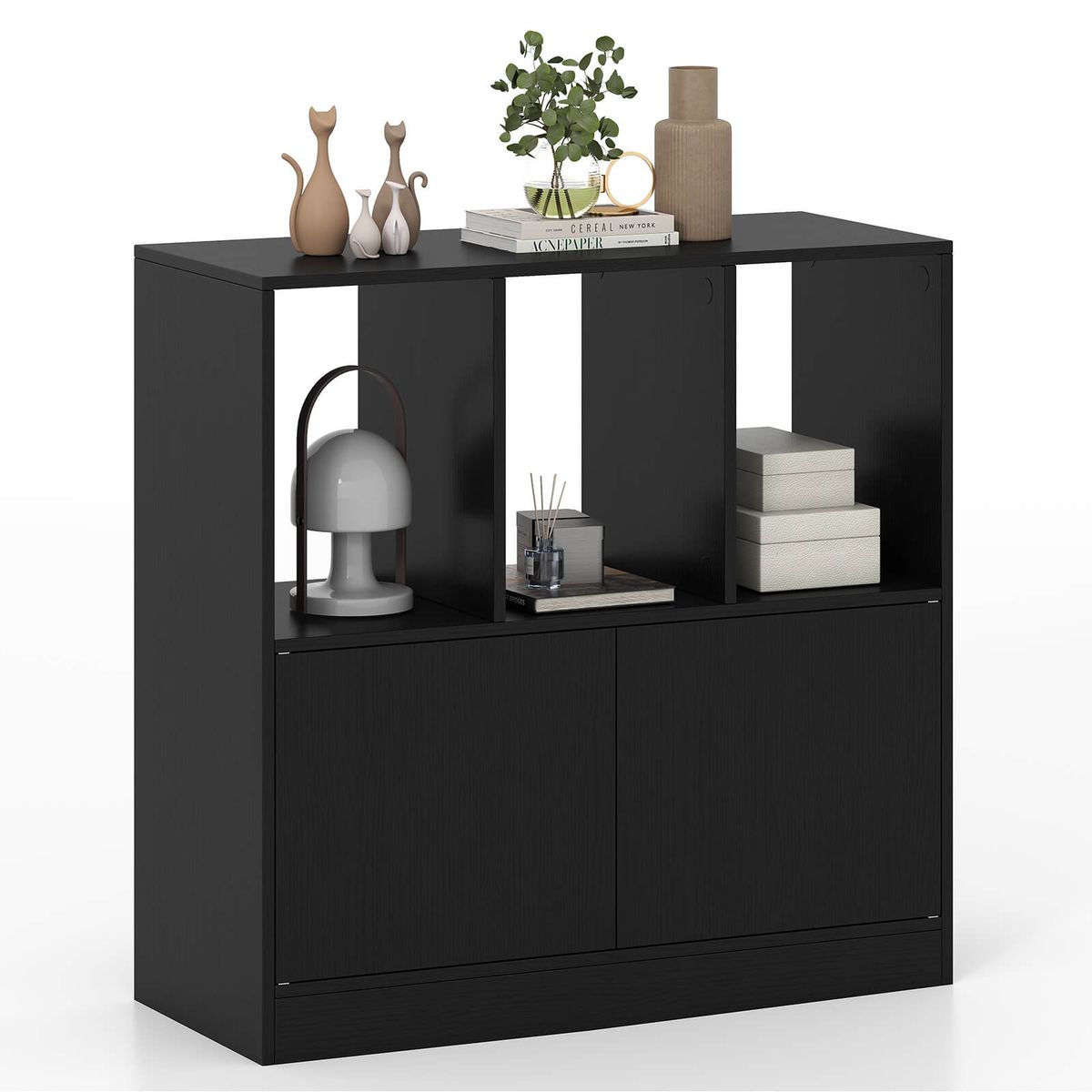 Cube Bookcase with Doors and Cabinet - Black-1-Piece