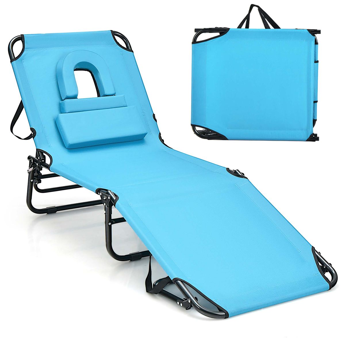 Beach Chaise Lounge with Face Hole Pillows & 5-Position Adjust - Blue