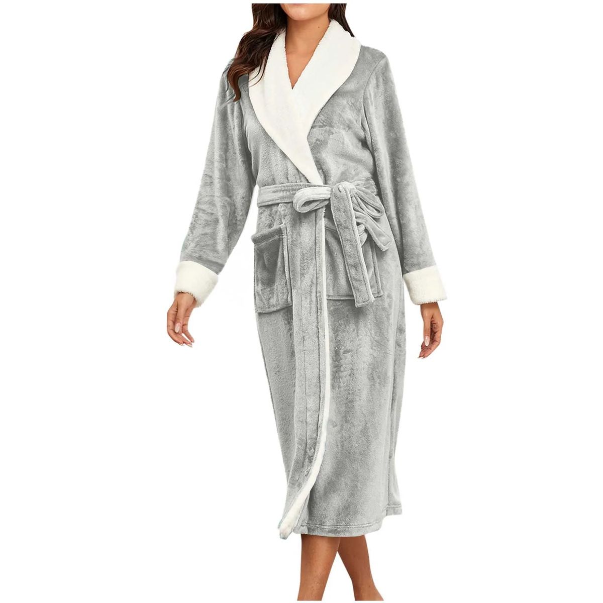 Women's Plush Fleece Bathrobe - Grey-XL