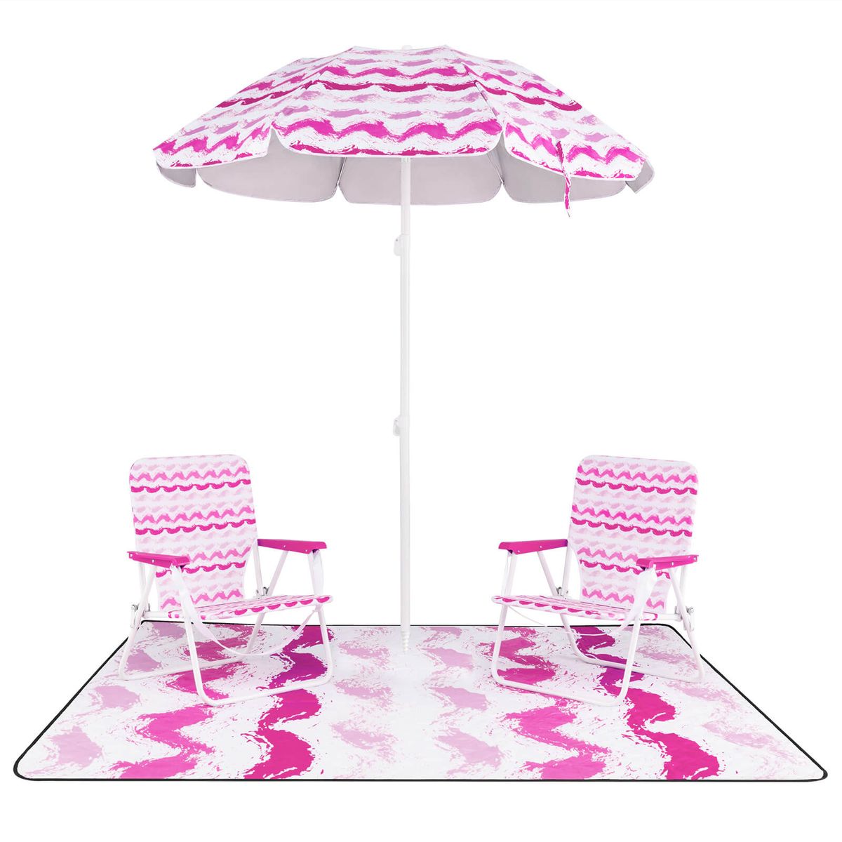 4-Piece Beach Umbrella Set with 2 Chairs and Picnic Blanket - Pink