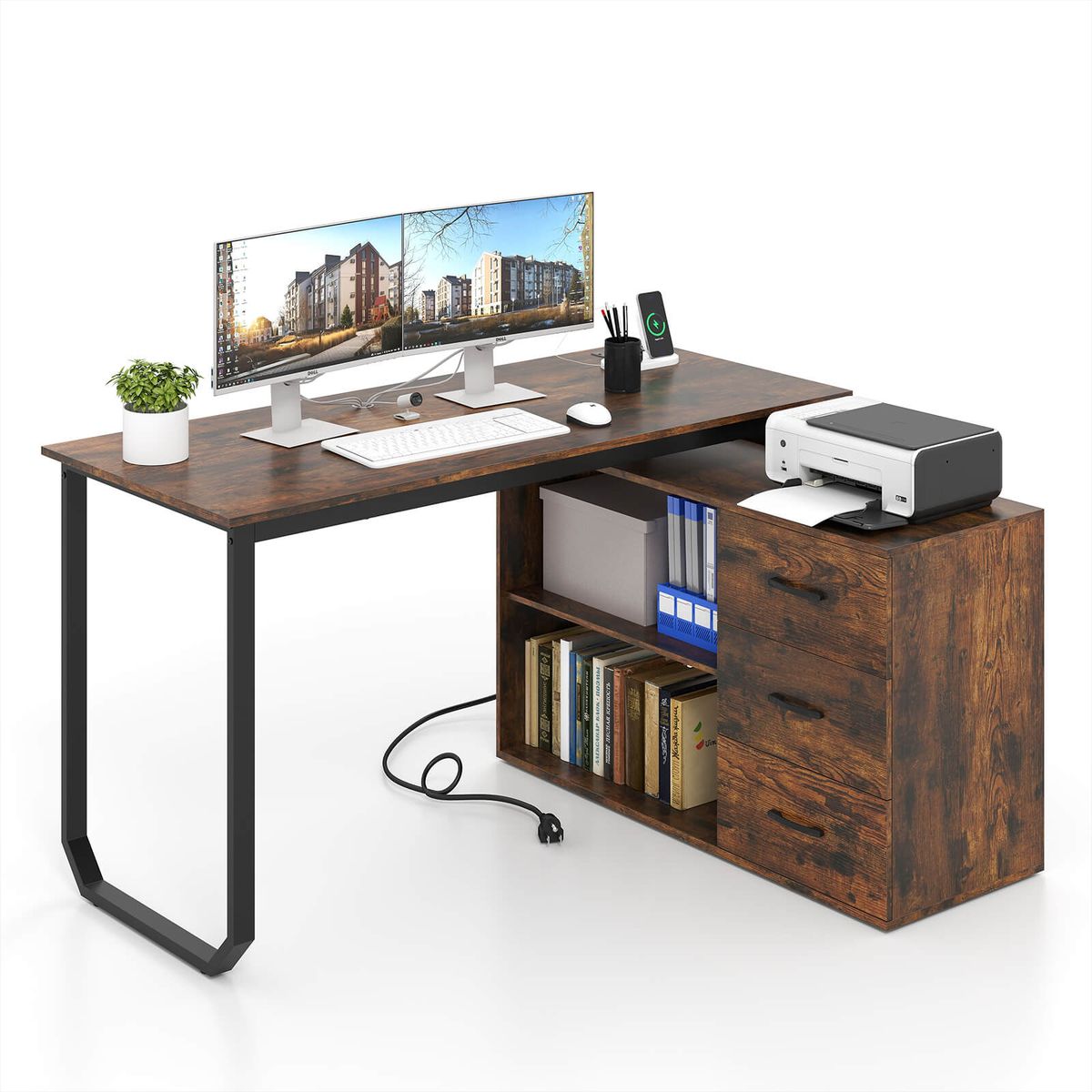 L-Shaped Desk with Power Outlet and Adjustable Shelf - Brown