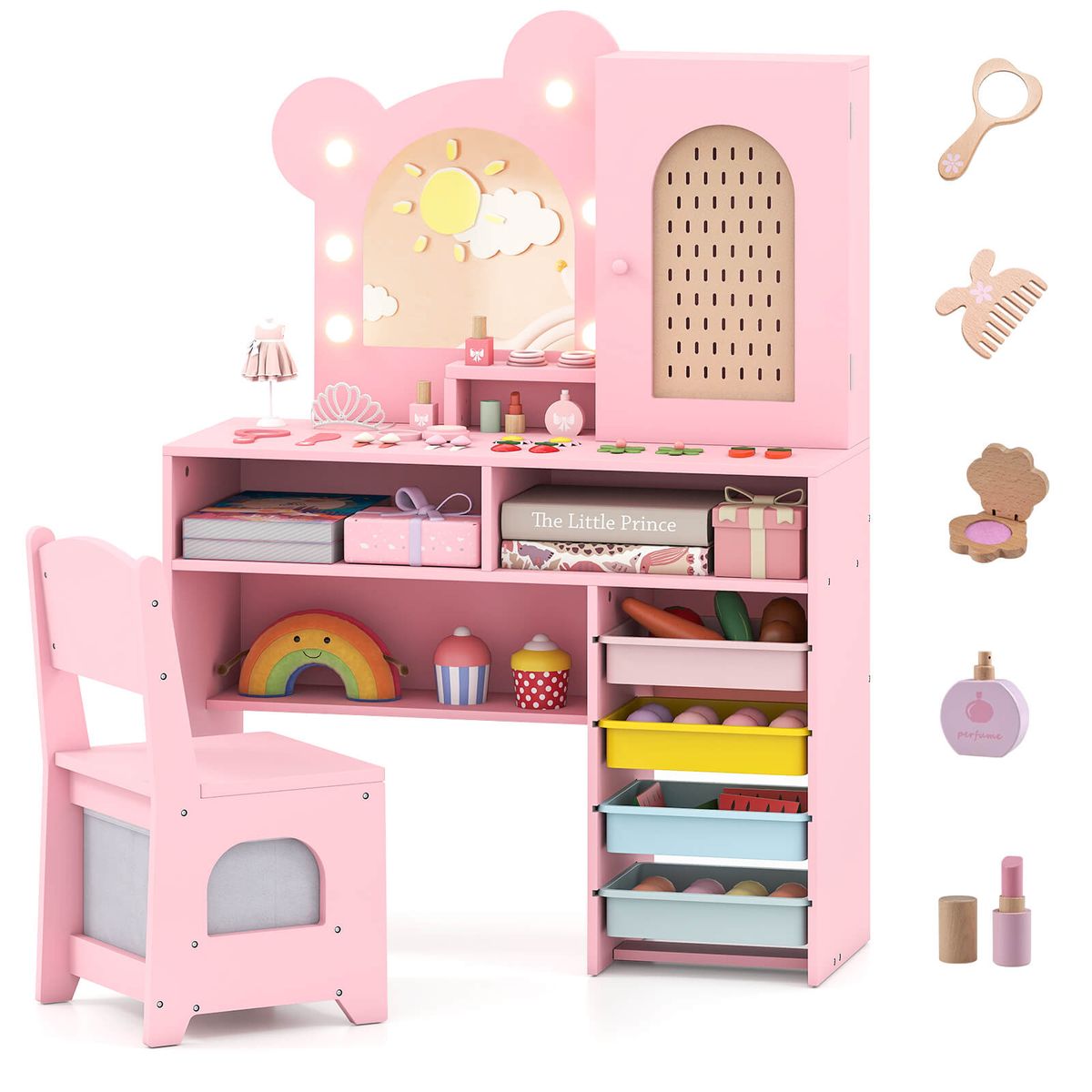 Kids Vanity with 3-Color Lights and 2 Open Compartments - Pink