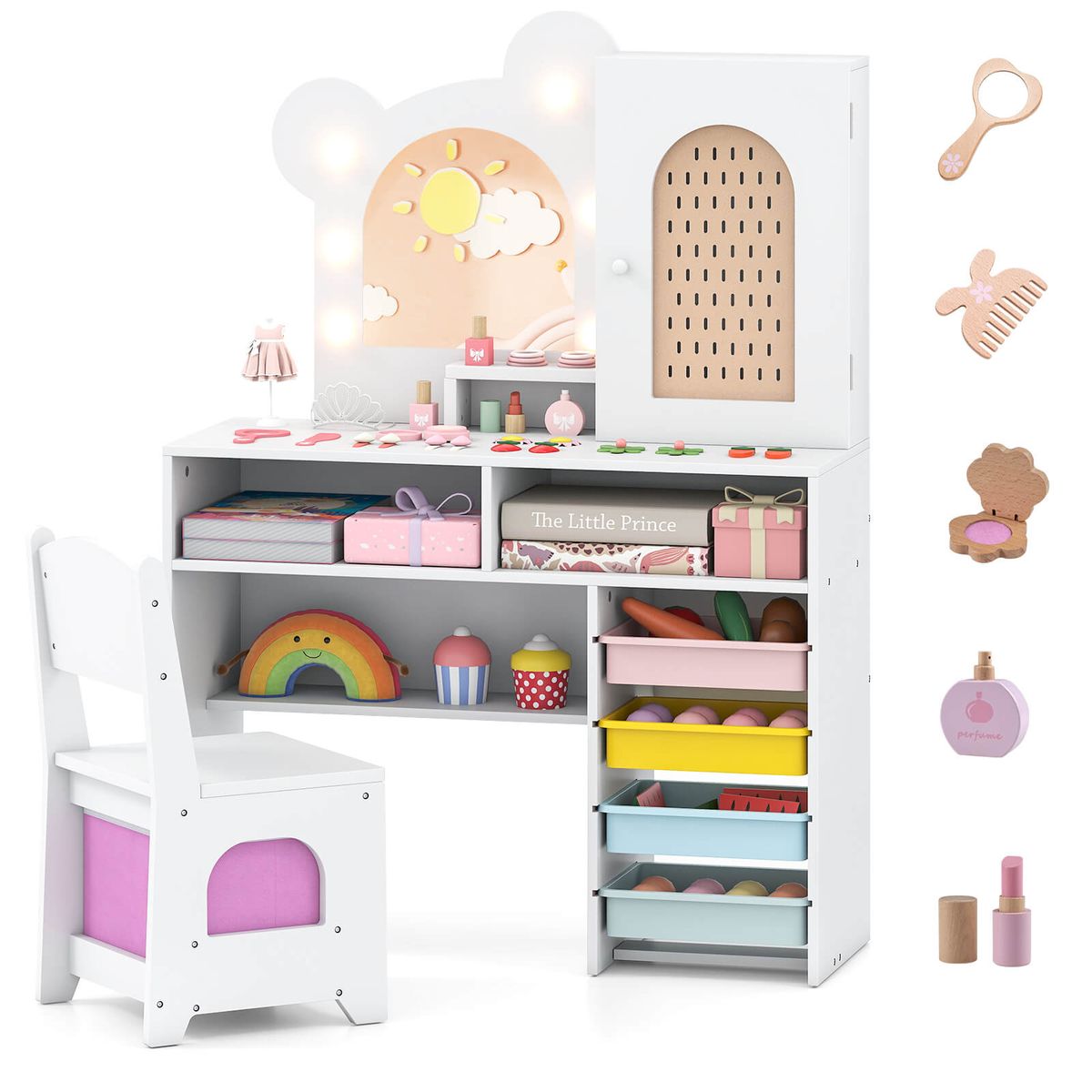 Kids Vanity with 3-Color Lights and 2 Open Compartments - White