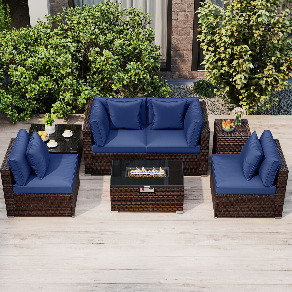 7-Piece Patio Furniture Set with 40,000 BTU Gas Fire Pit Table - Navy