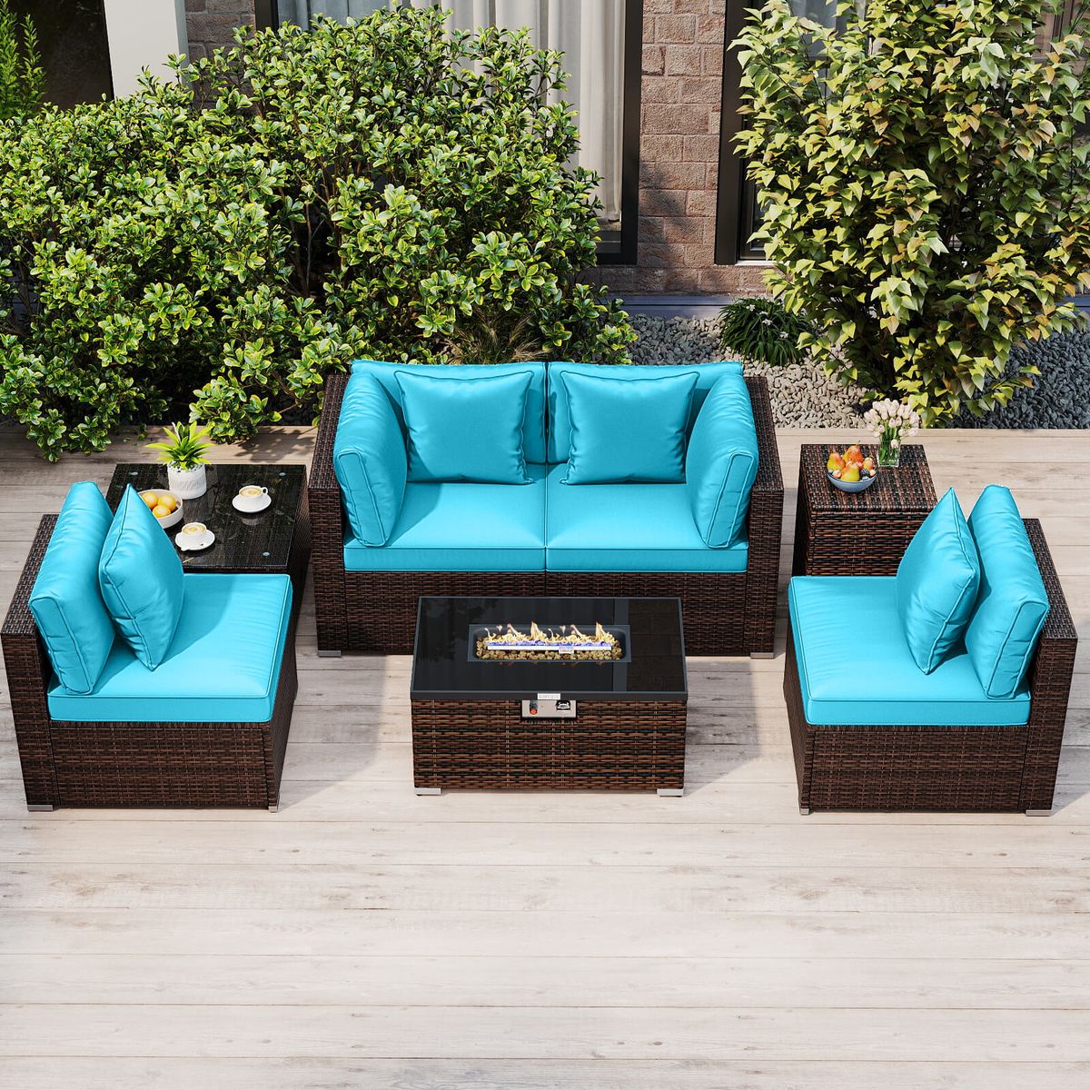 7-Piece Patio Furniture Set with 40,000 BTU Gas Fire Pit Table - Turquoise