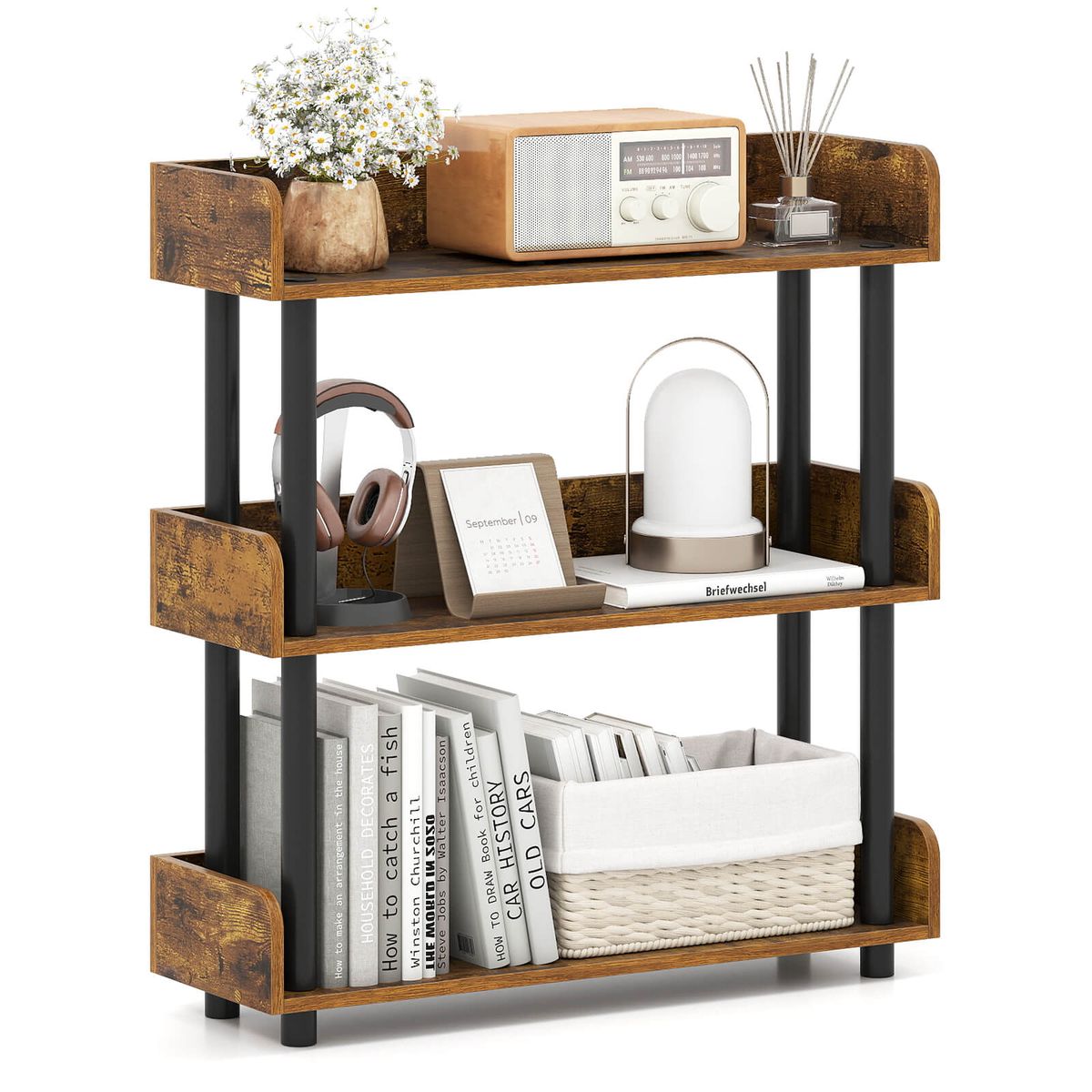 3-Tier Bookshelf with Anti-Tipping Kit and Guardrails - Brown-1-Piece
