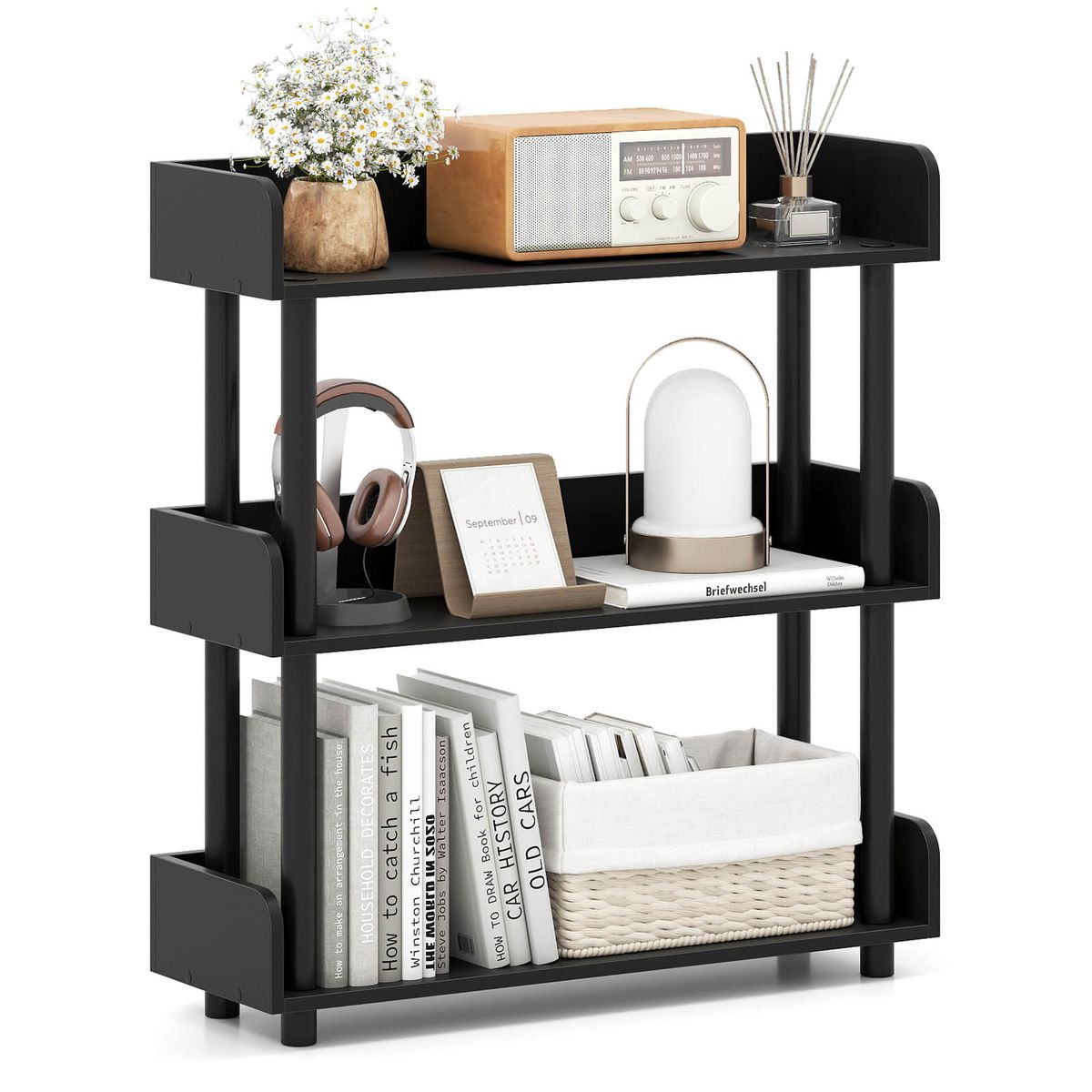 3-Tier Bookshelf with Anti-Tipping Kit and Guardrails - Black-1-Piece