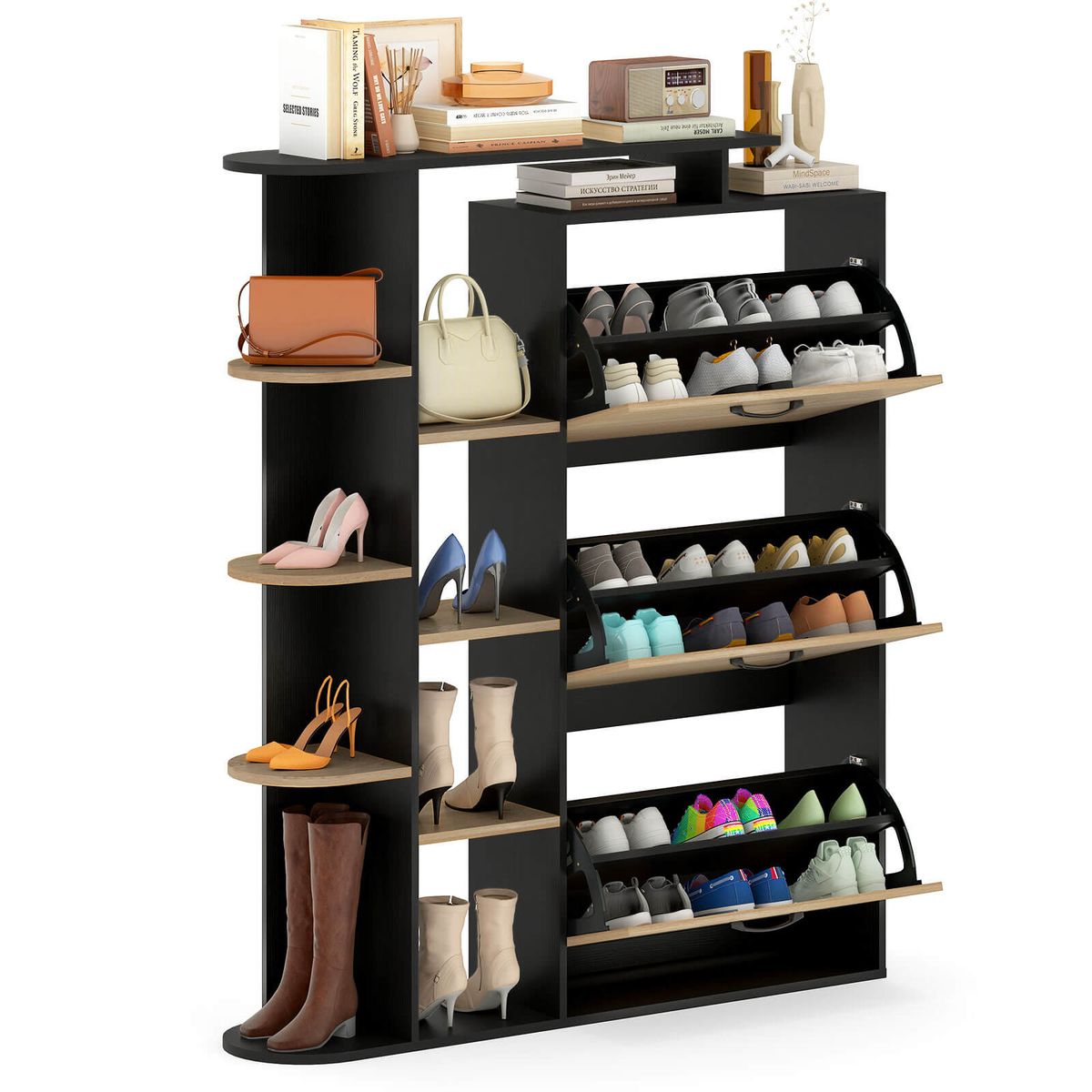 Open Shelf Shoe Cabinet  - Black + Natural