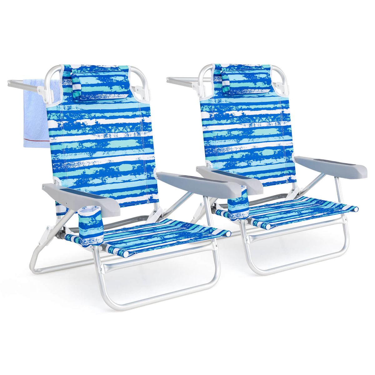 Folding Beach Chair with Cup Holder and Padded Headrest (2-Pack) - Blue