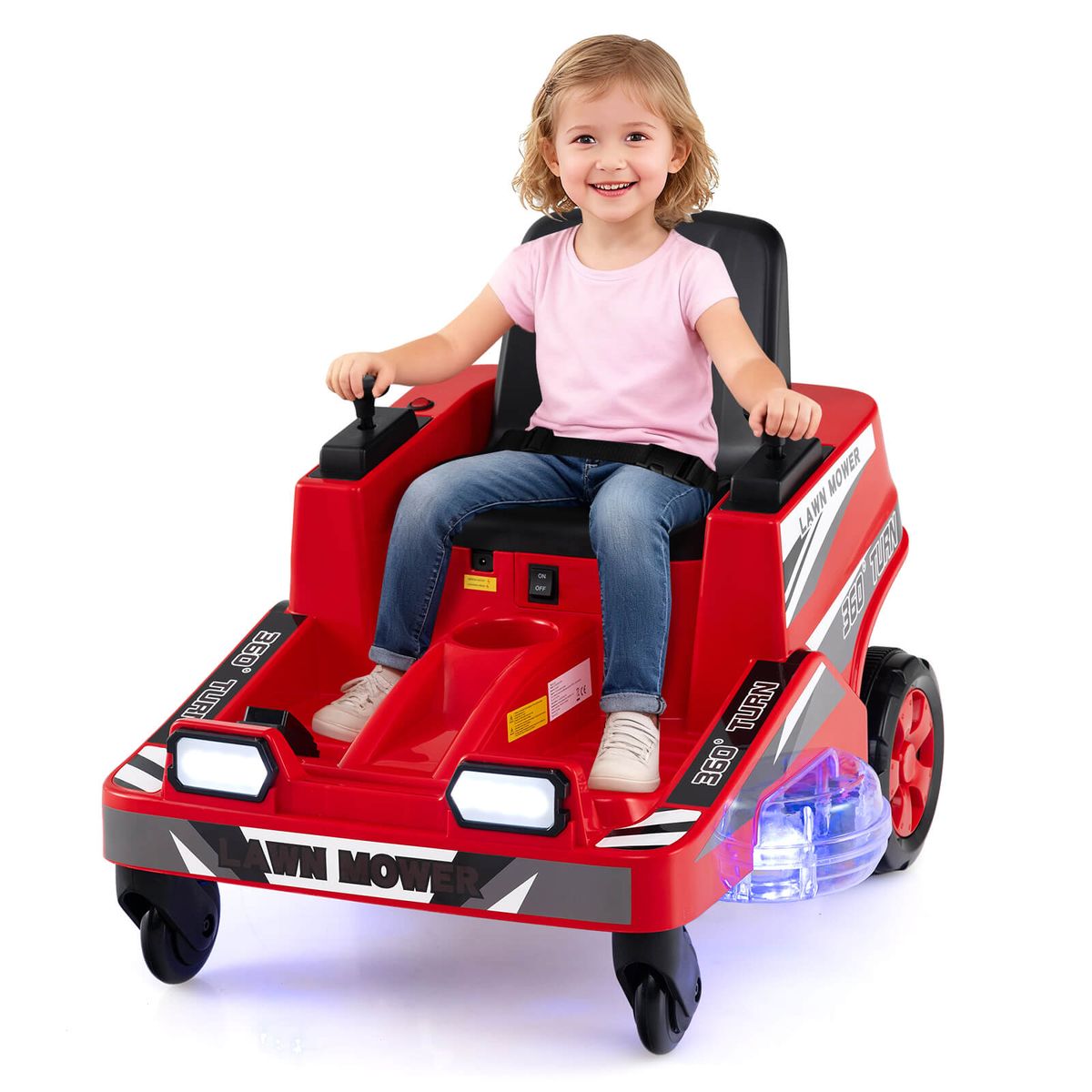 12V Ride-On Lawn Mower with Dual Control Sticks and LED Lights - Red